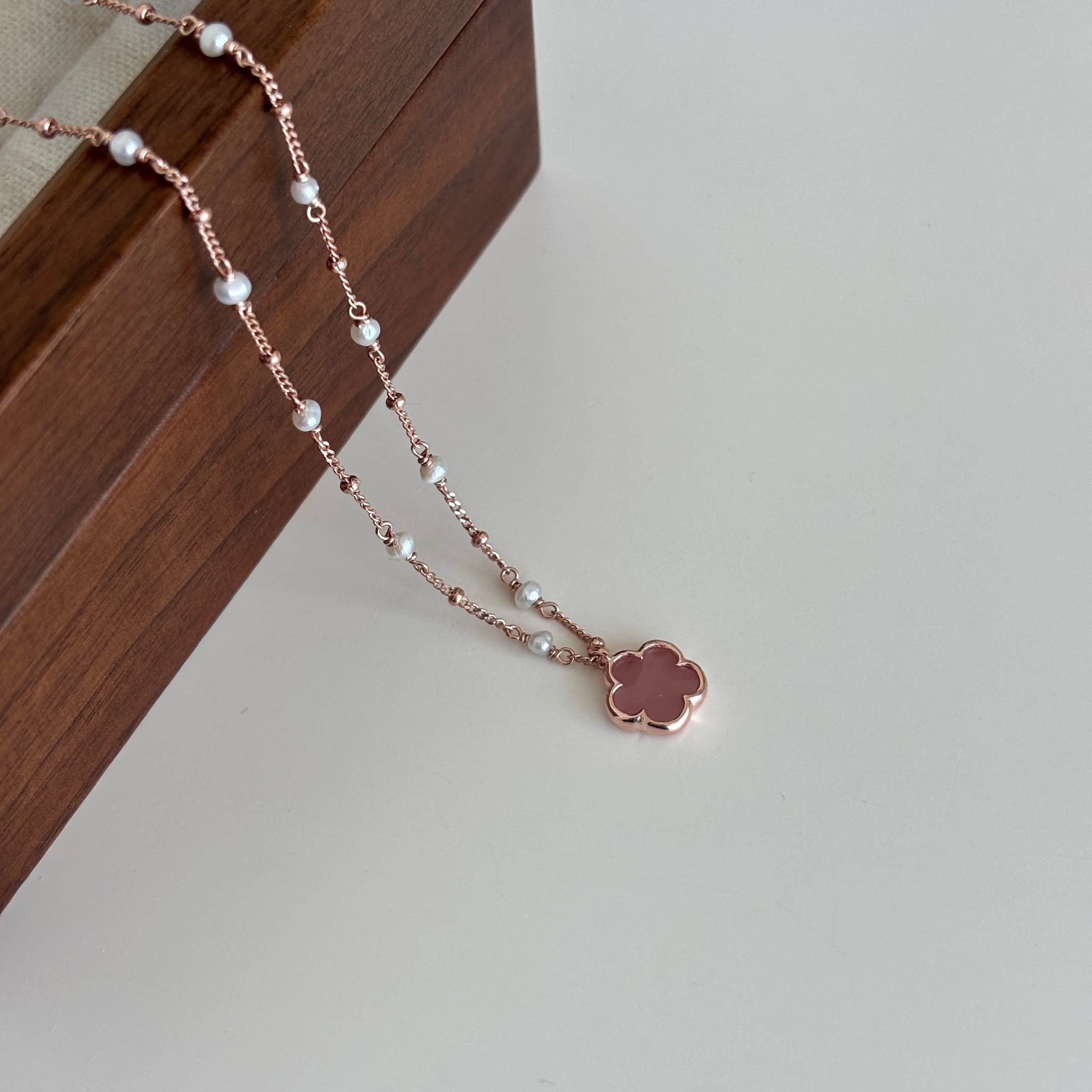 【韓國連線】粉紅石英花花珍珠手工項鍊