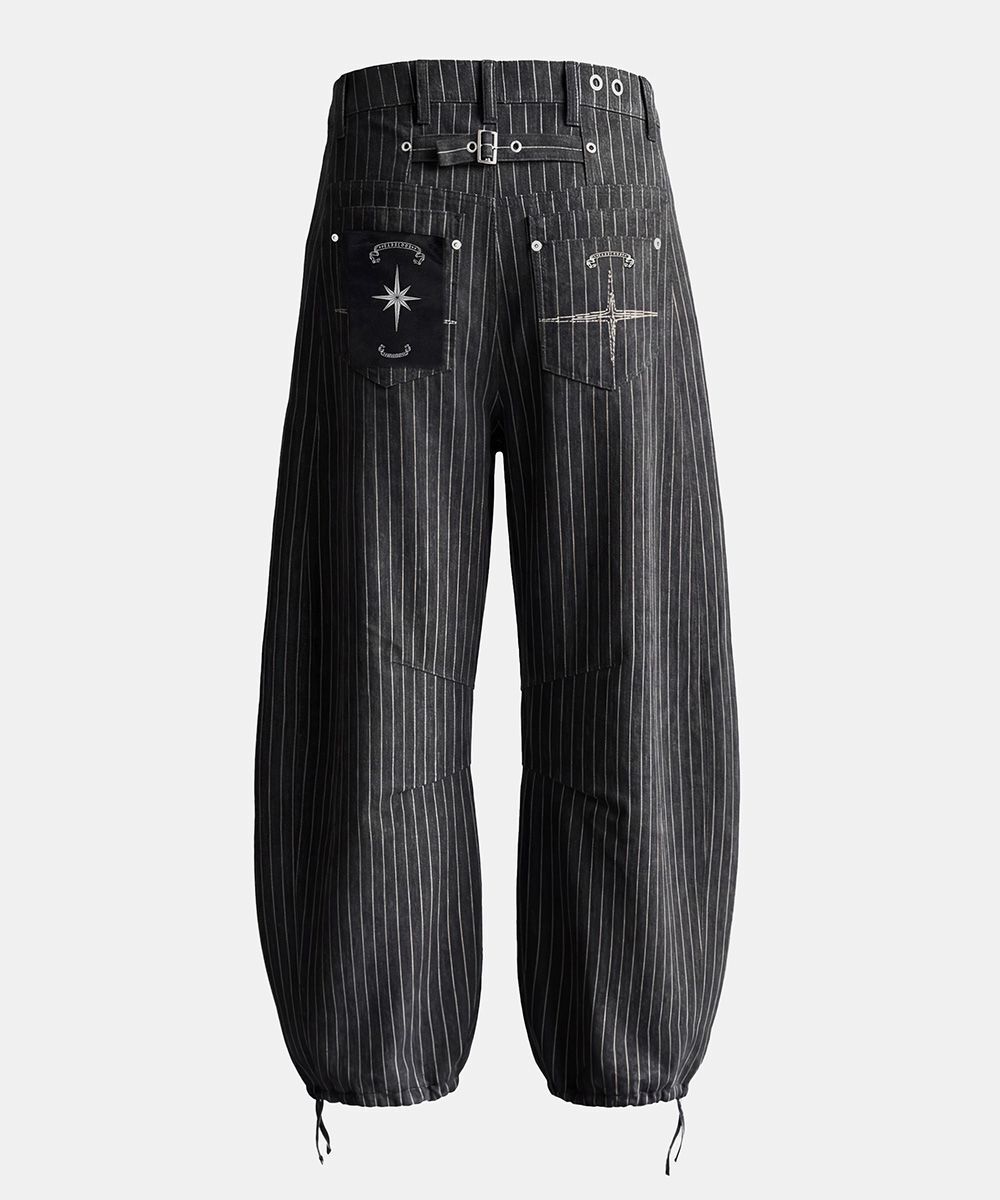 BADBLOOD 0519 後縮腰弧形褲 - 黑色/條紋 w-pts25-107
