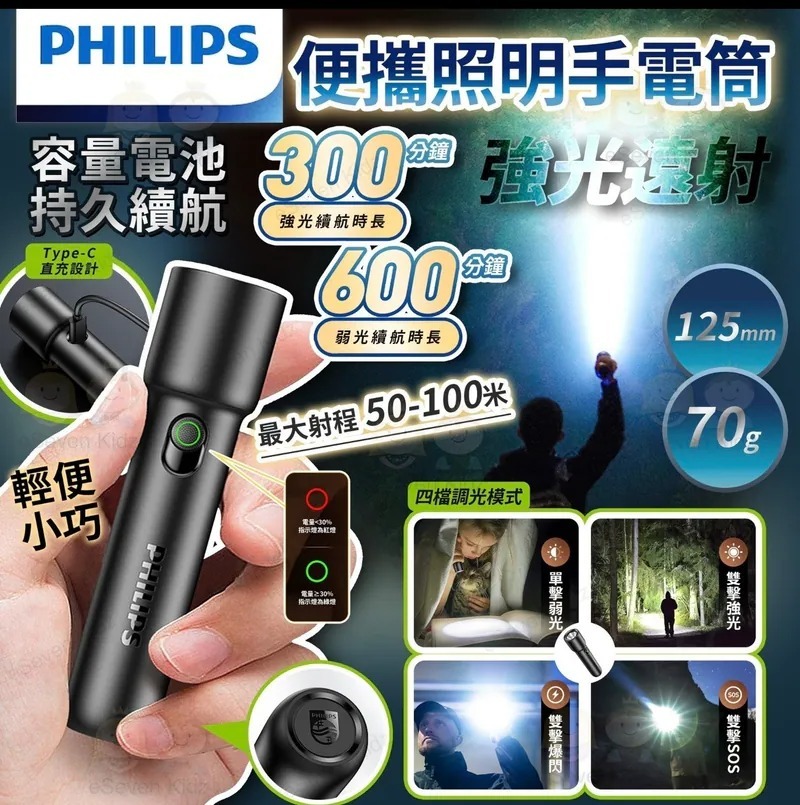 【UB9220】PHILIPS飛利浦強光充電式手電筒