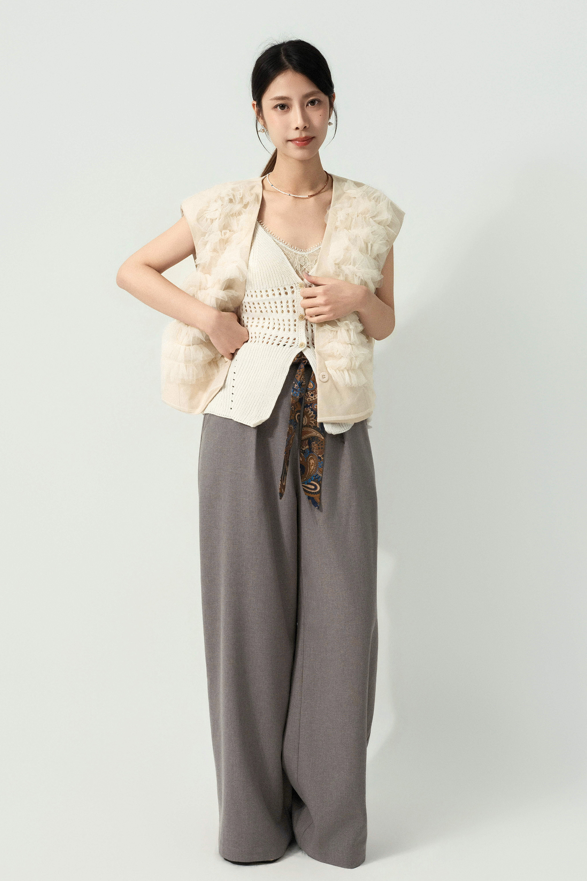 荷葉網紗雙層背心外套 (預購產品）