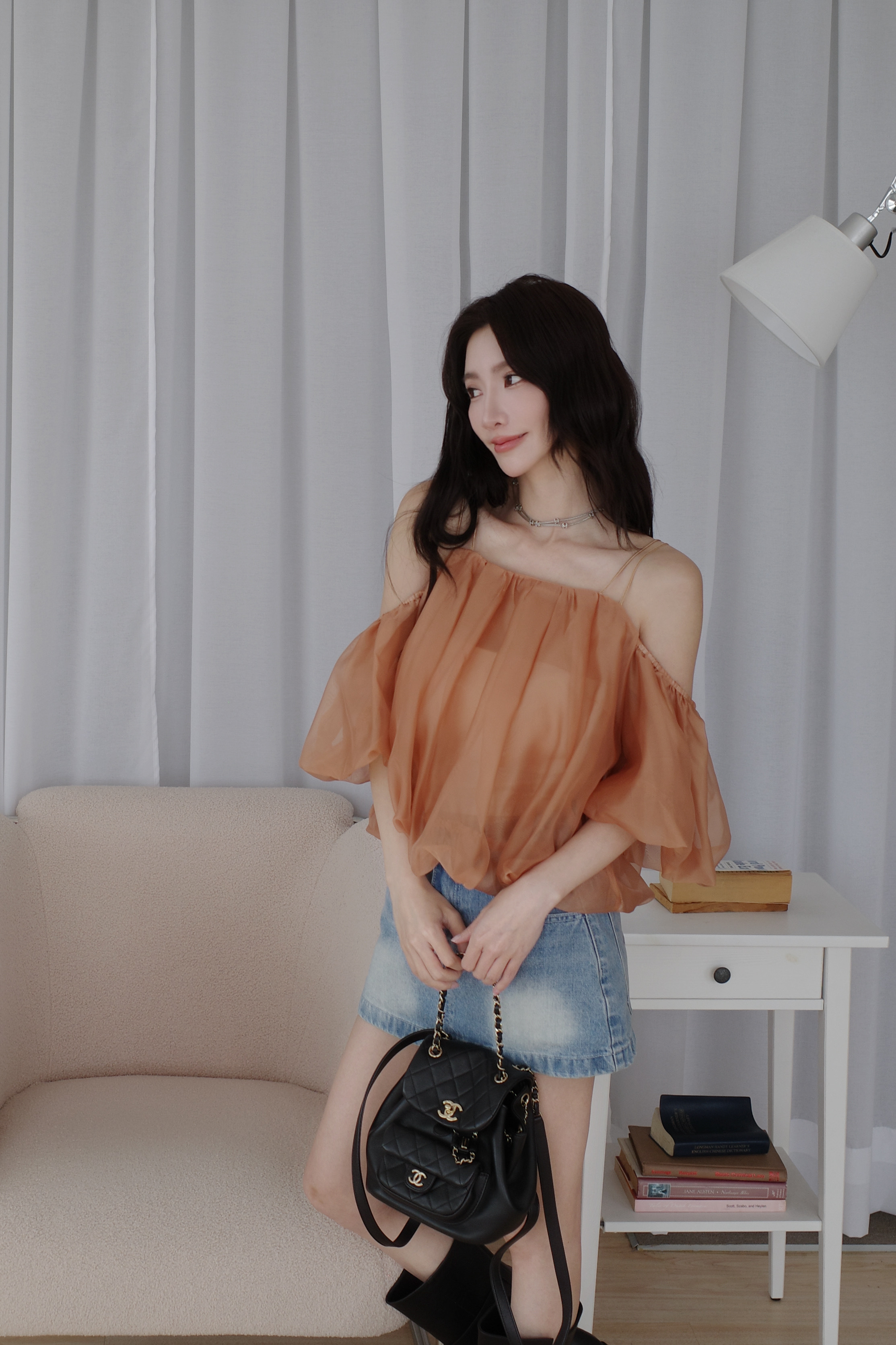 (預購)#AN80 必收透透花苞細帶上衣(黑/橘/白)