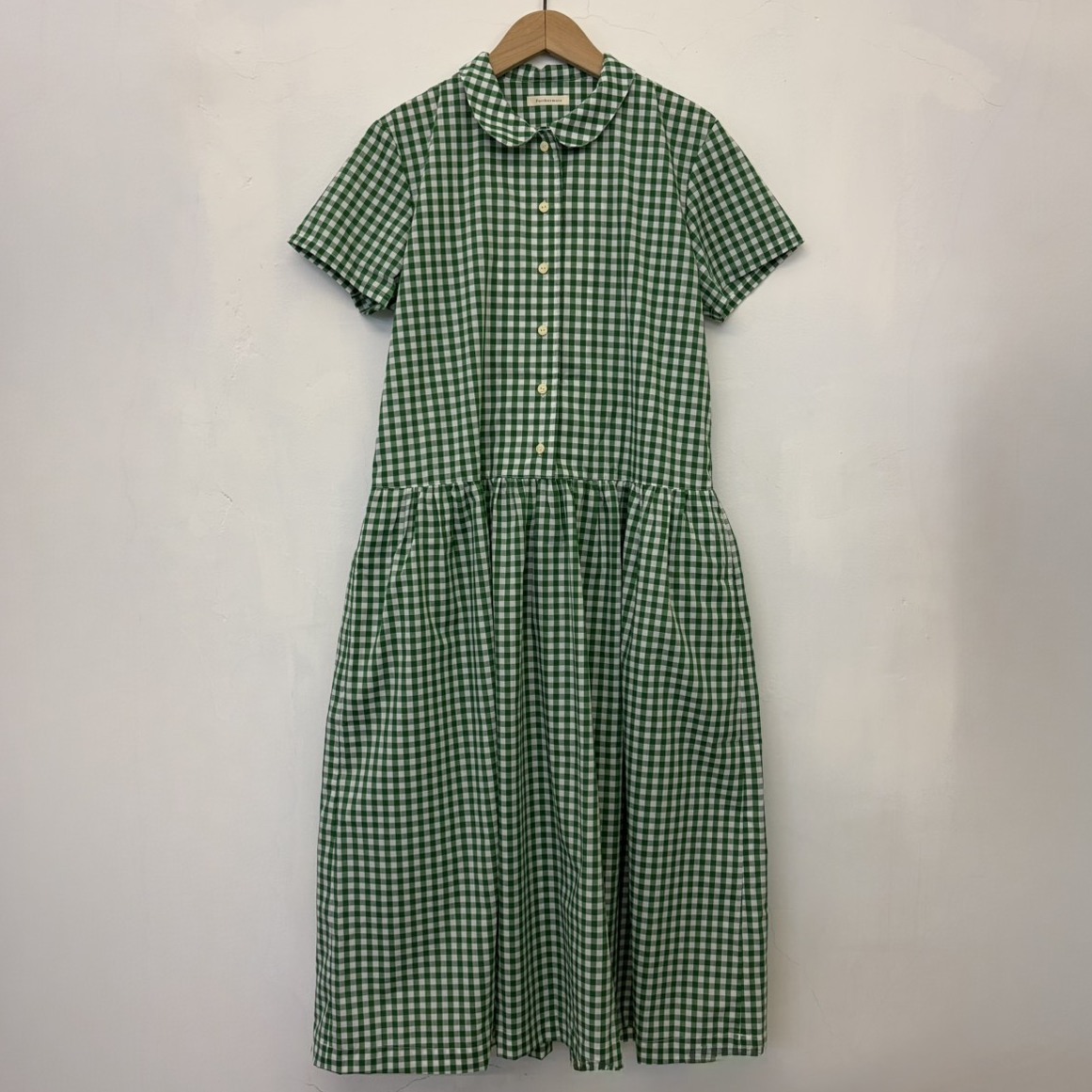 【預購】小圓領短袖襯衫長洋裝 綠格紋