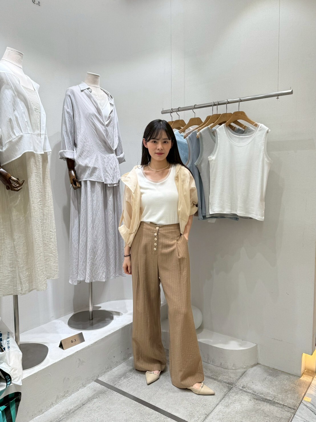 GI6040 棉麻人造絲條紋排扣長褲