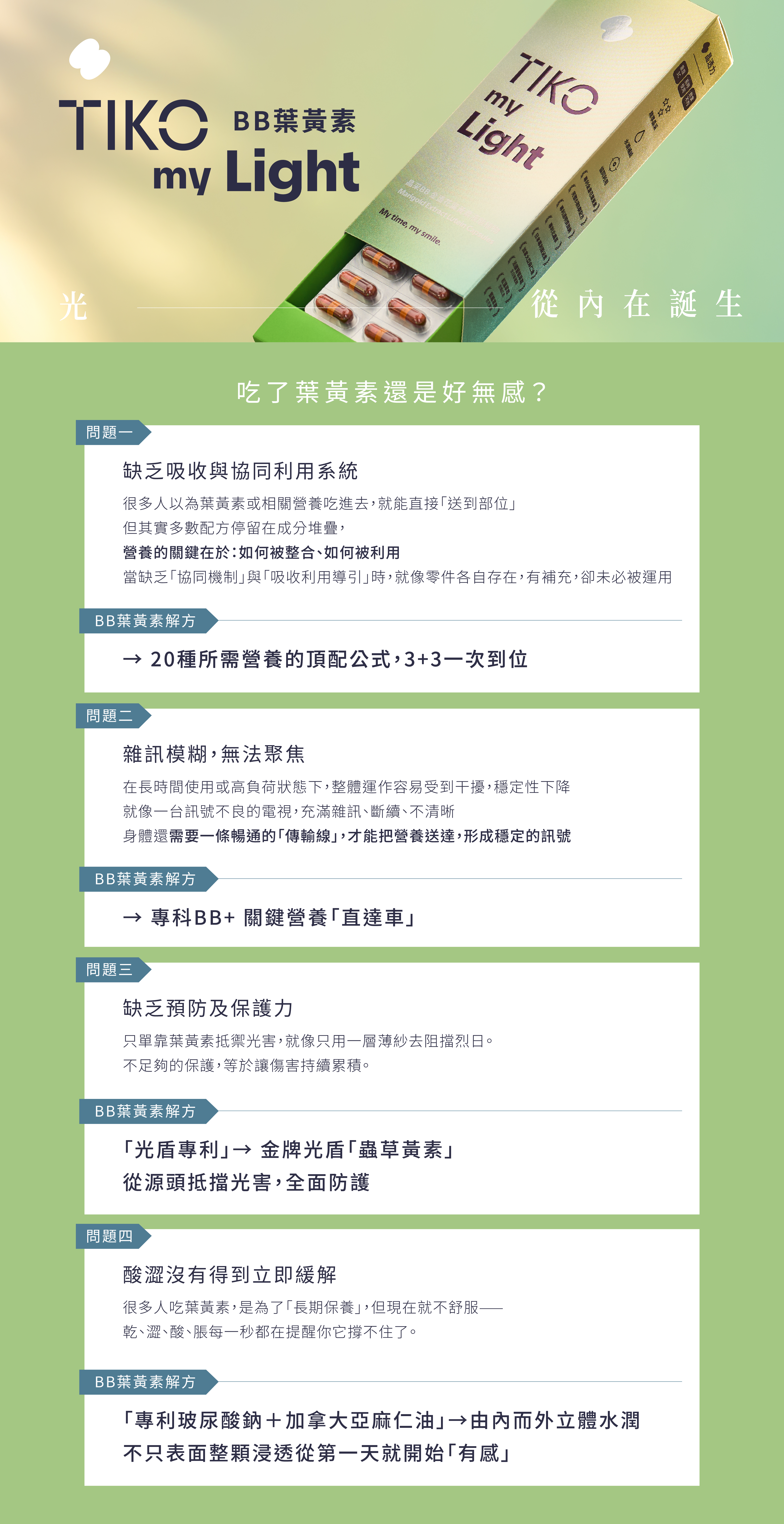 TIKO晶采BB金盞花葉黃素，專為解決葉黃素無感而生。透過20種營養頂配公式達成3+3營養到位，結合專科BB+穩定訊號傳遞，並以金牌光盾專利從源頭抵擋光害，搭配玻尿酸鈉與亞麻仁油提供立體水潤，由內而外徹底告別酸澀不適。