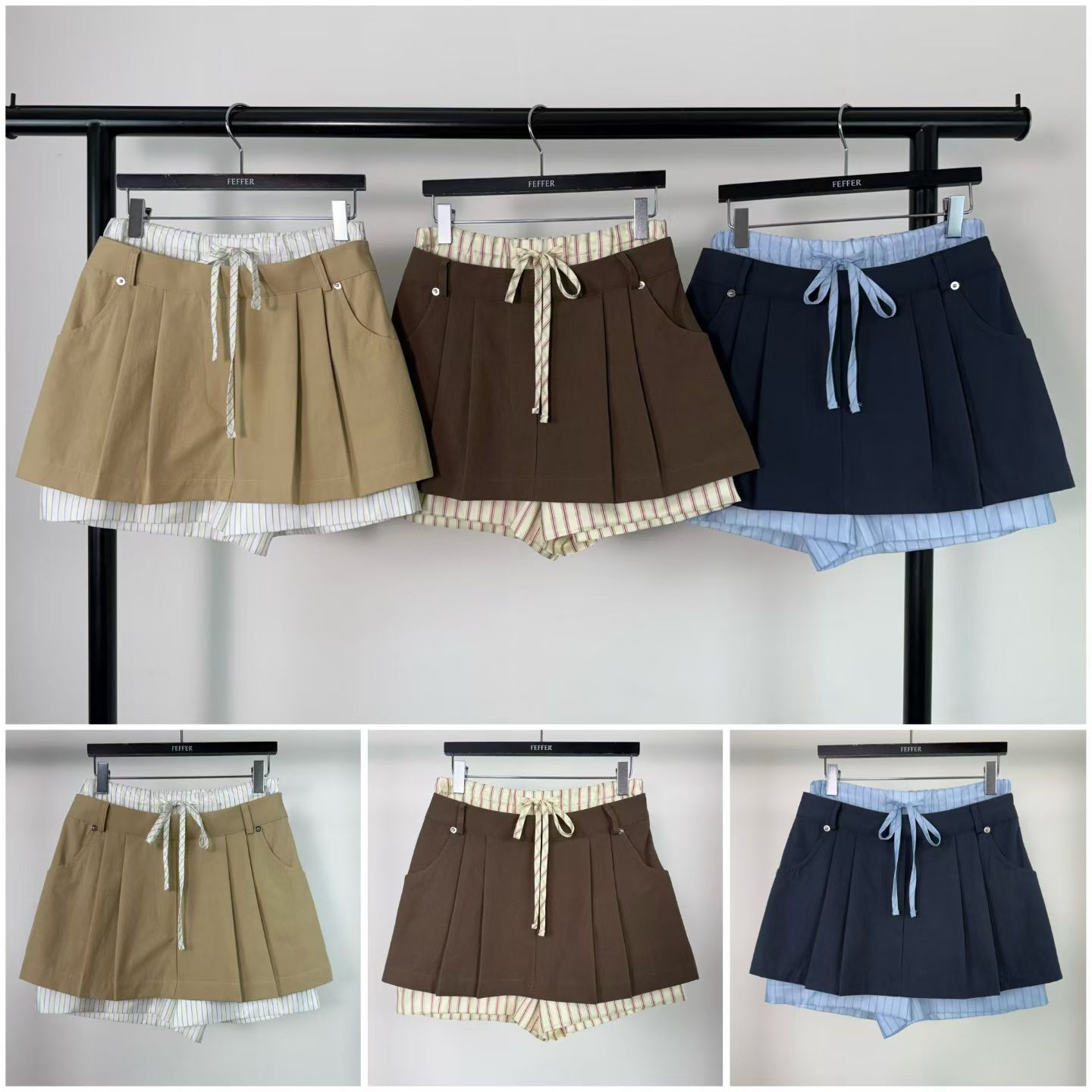 FF6014 隨性直紋短褲拼壓褶短裙