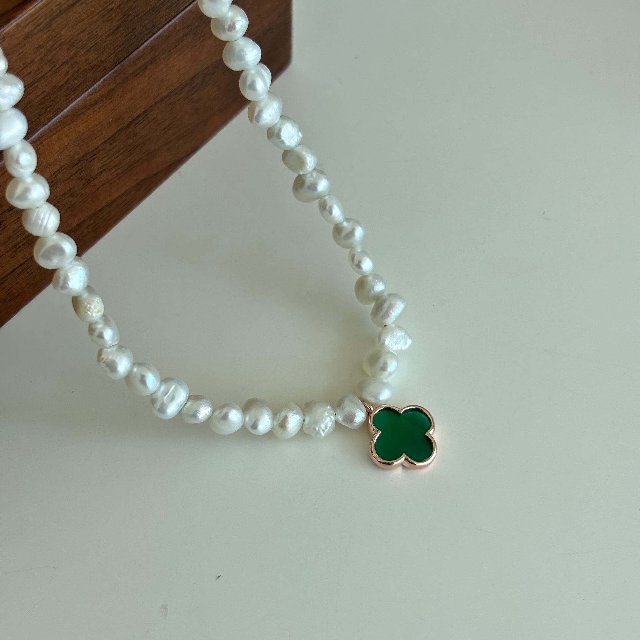 【韓國連線】大四葉草綠瑪瑙巴洛克珍珠項鍊