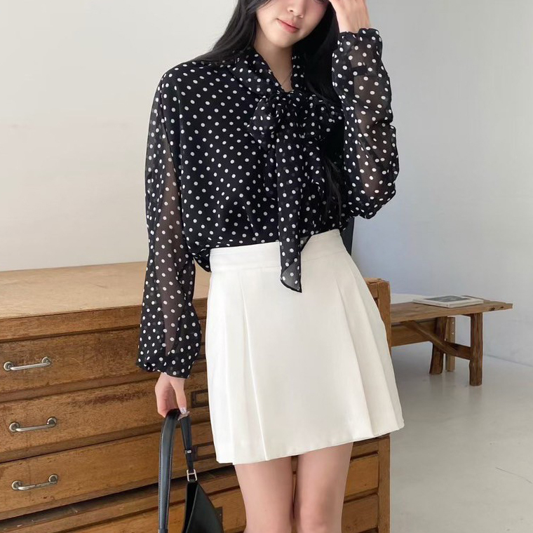 法式配色點點綁帶蝴蝶結雪紡上衣 / 2色