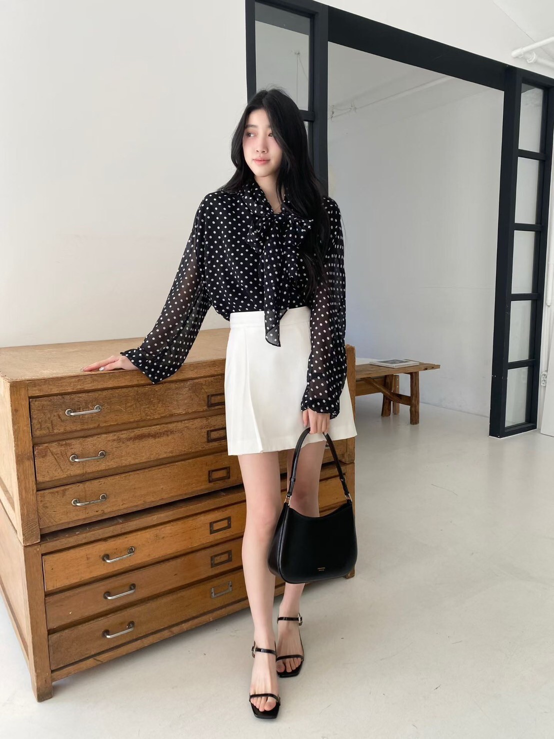 法式配色點點綁帶蝴蝶結雪紡上衣 / 2色