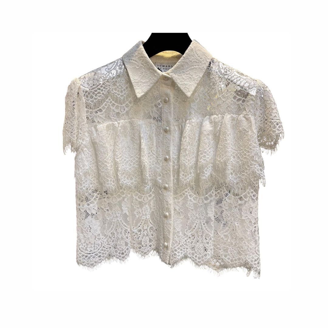 1EA0408-155 [EDWARD ACHOUR] Tiered Lace Short Sleeve Shirt White #100719/1058 (EU)