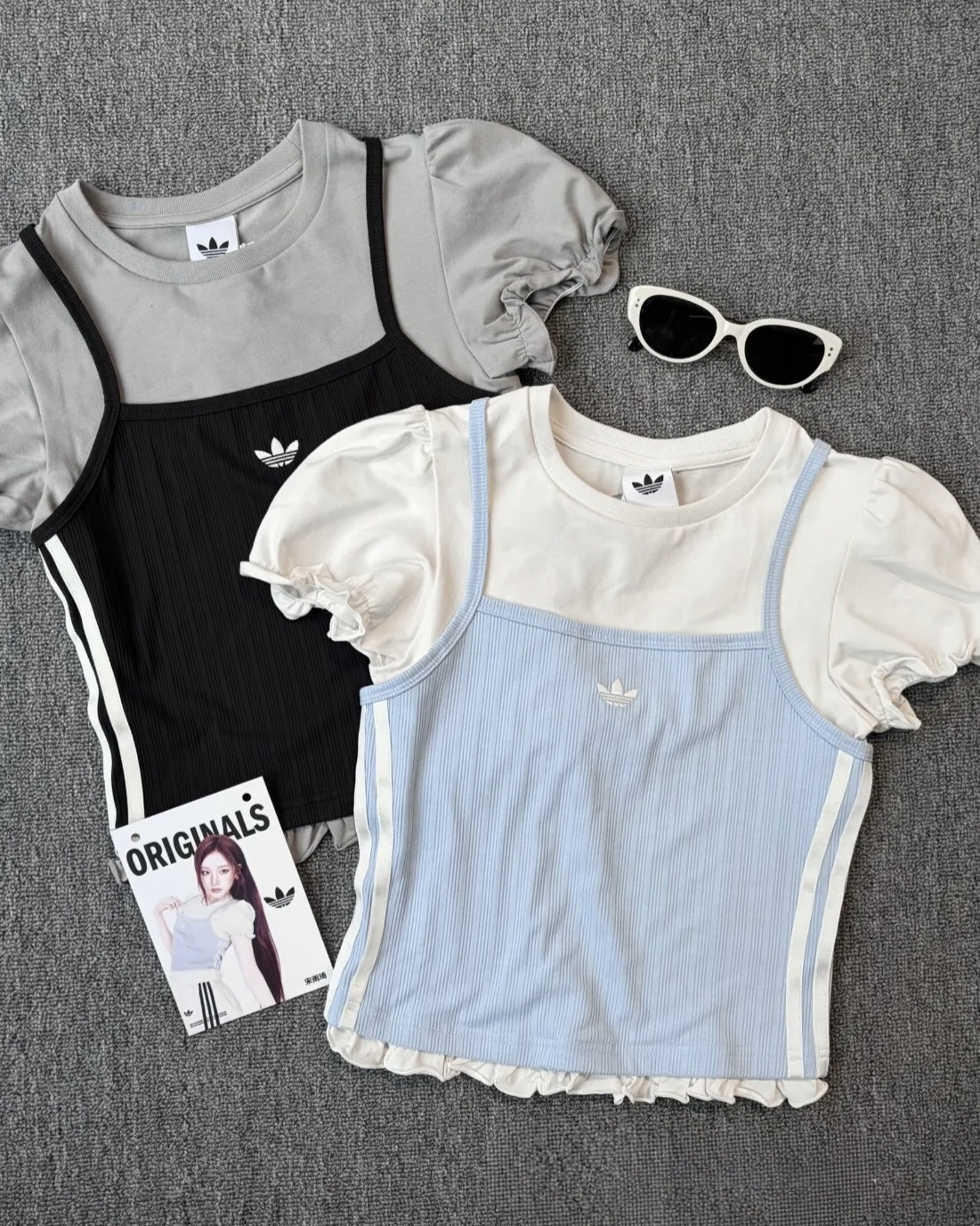<宋雨琦代言同款>ADIDAS ORIGINALS SLIMS TEE 泡泡袖 短袖上衣 細肩背心 假兩件 疉穿 荷葉邊 三葉草 寶寶藍 黑灰
