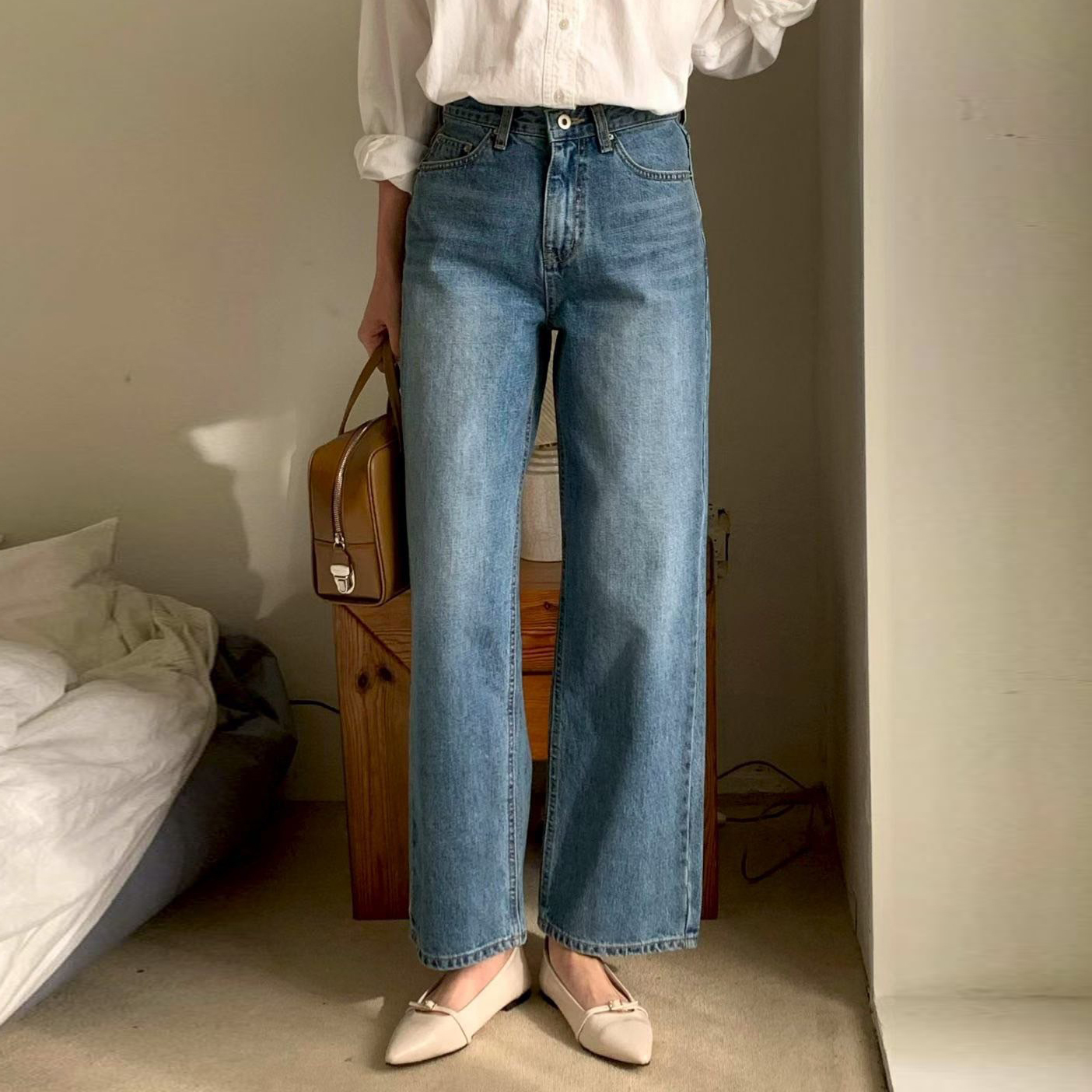 復古微刷色感顯瘦九分直筒牛仔褲-S-L