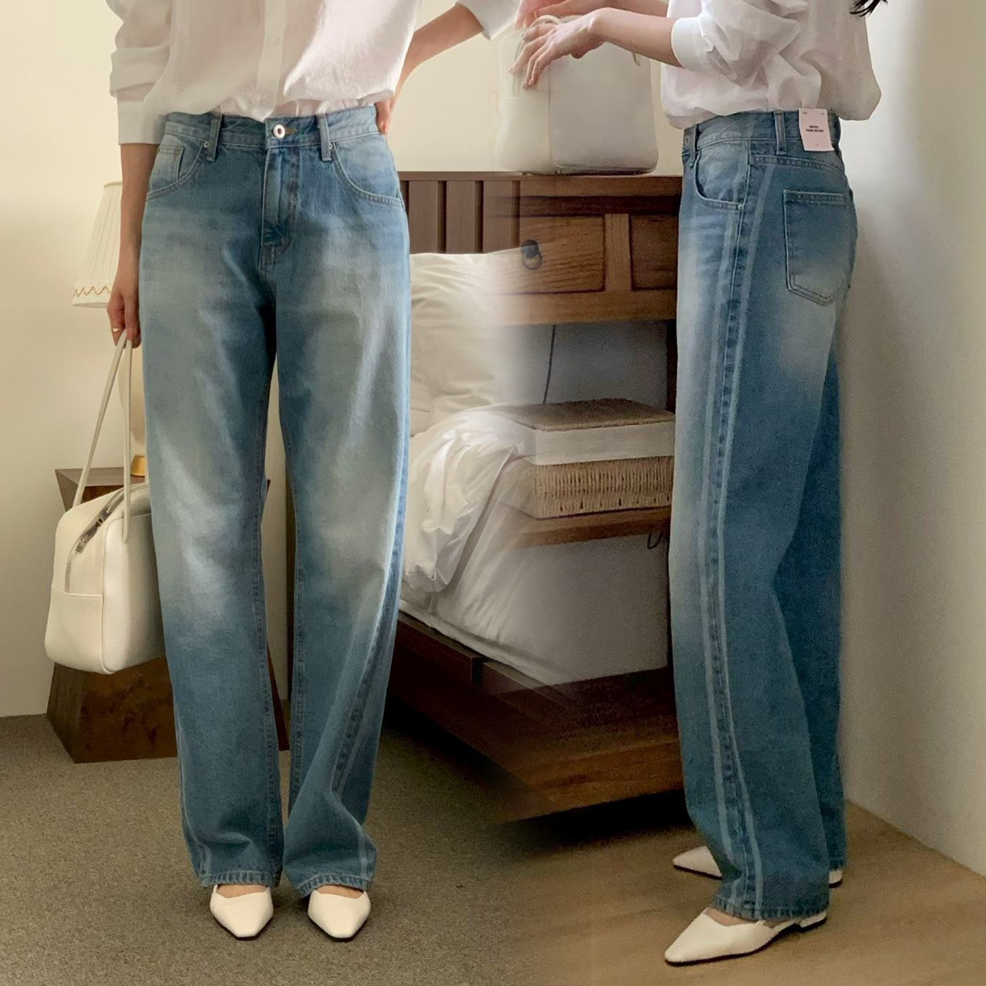 時髦感側邊刷色造型長腿直筒牛仔褲-S-L