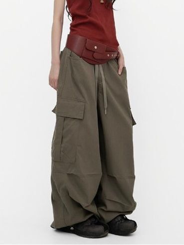 淨色可束腳工裝鬆身褲 GATHER-061P