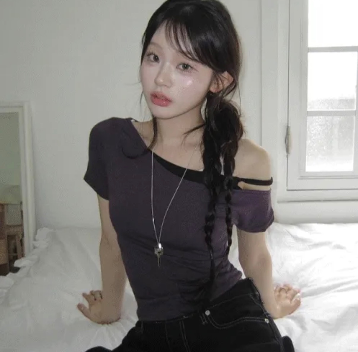 【優惠價預訂】韓國假2件斜膊撞色修身短袖上衣（4色）