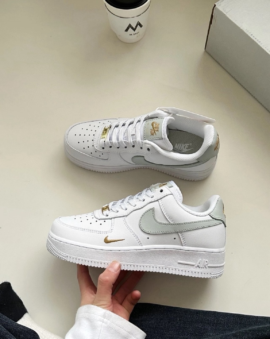 NIKE AIR FORCE 1 全白灰綠勾 金箔 小金勾