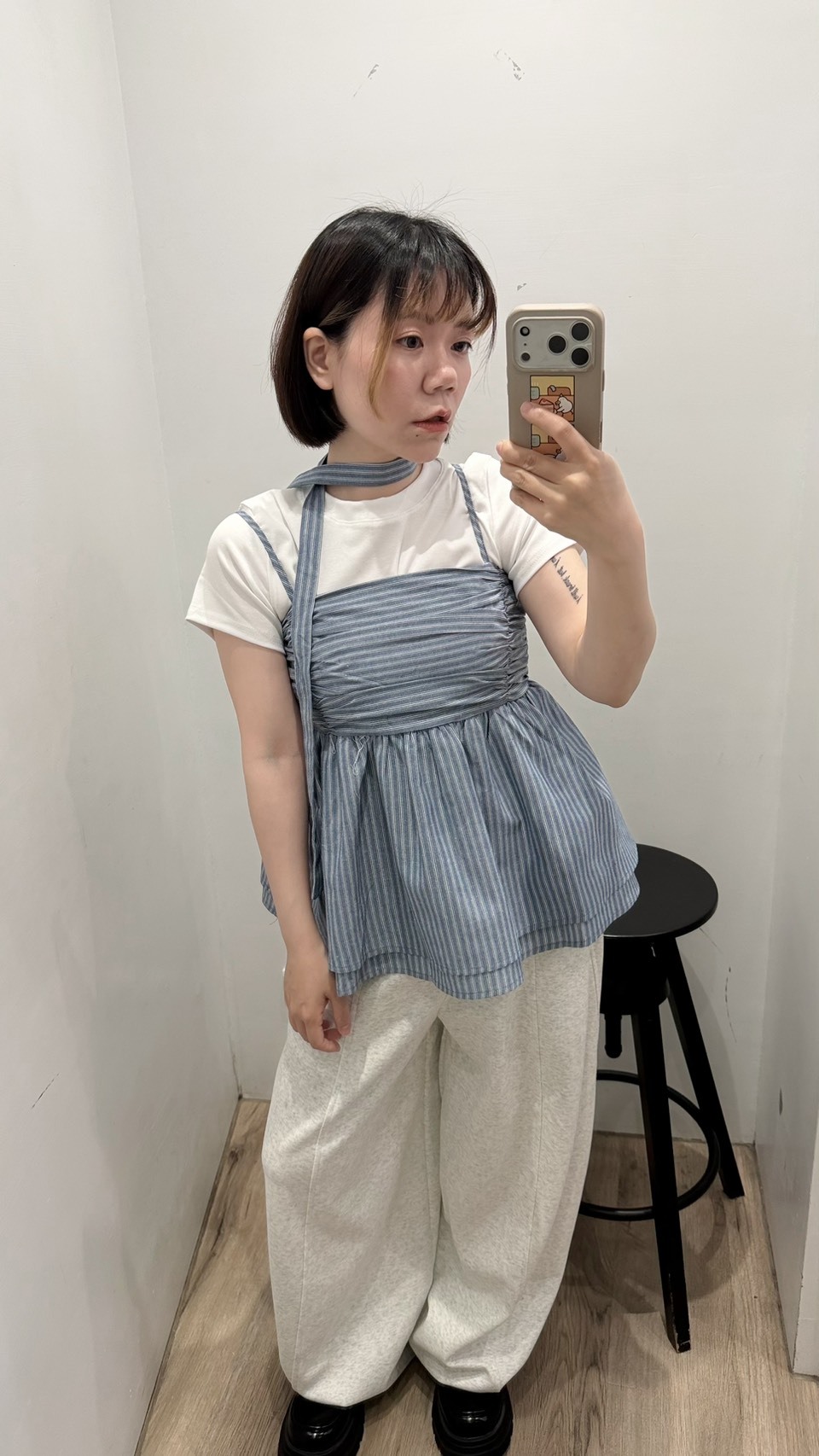 條紋胸抓皺附綁帶背心