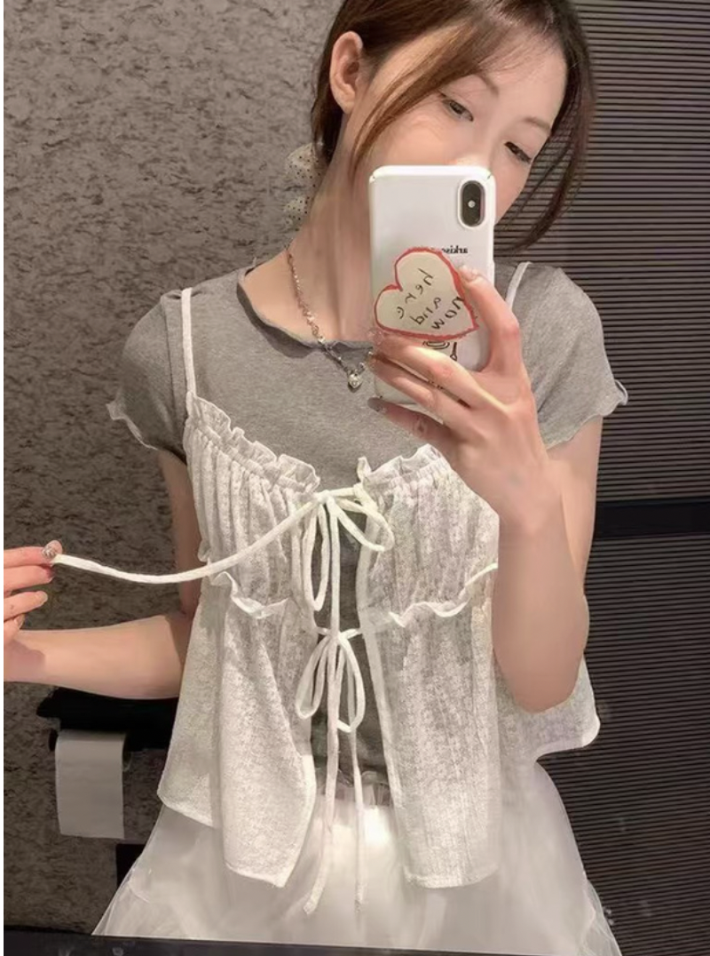 JP1217｜日本直送！少女感木耳邊內搭連蕾絲吊帶 SET 🧁⋆˚꩜｡