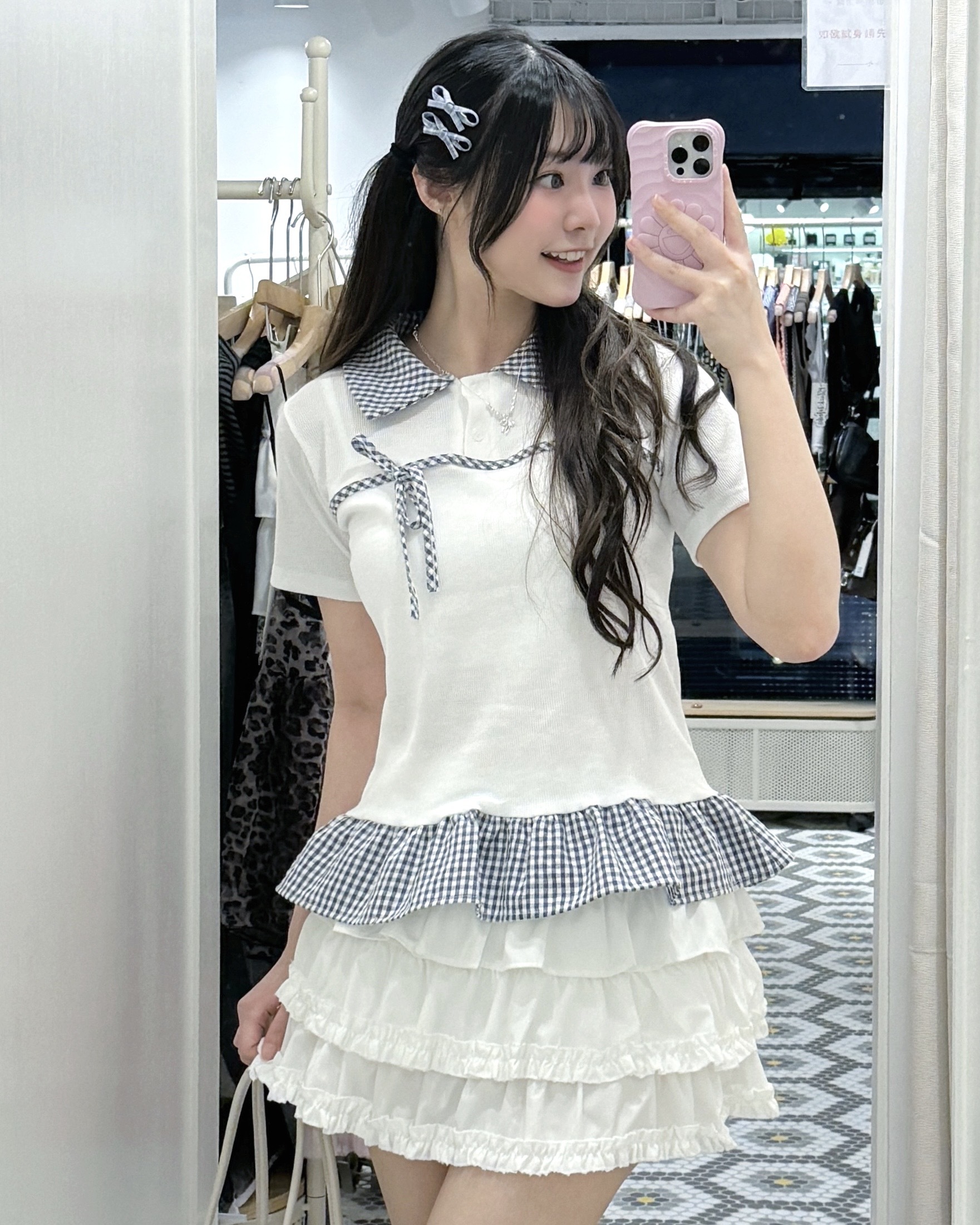 T1404｜韓系小眾格仔反領層次預蝴蝶結娃娃上衣 ⋆˚࿔