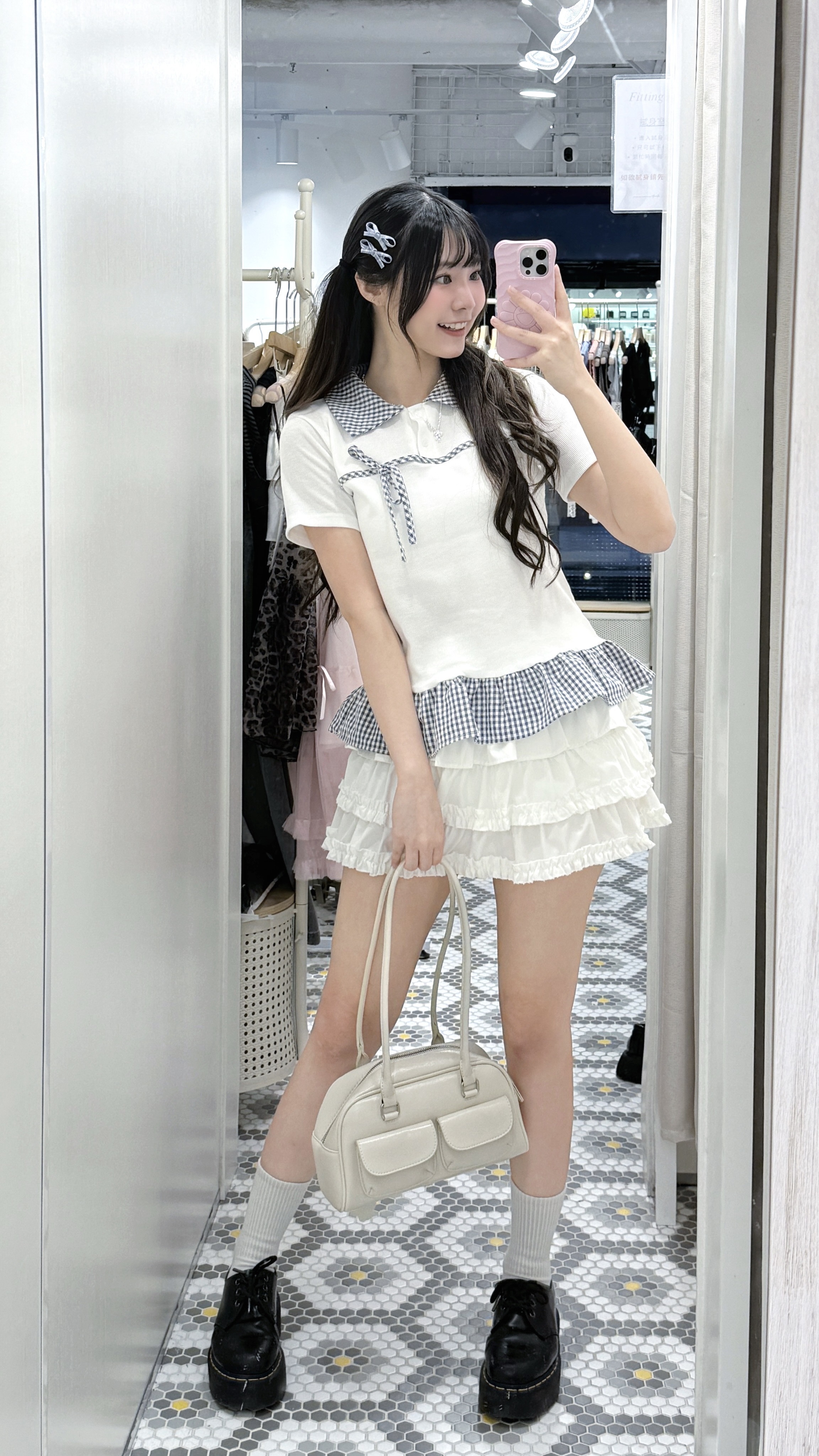 T1404｜韓系小眾格仔反領層次預蝴蝶結娃娃上衣 ⋆˚࿔