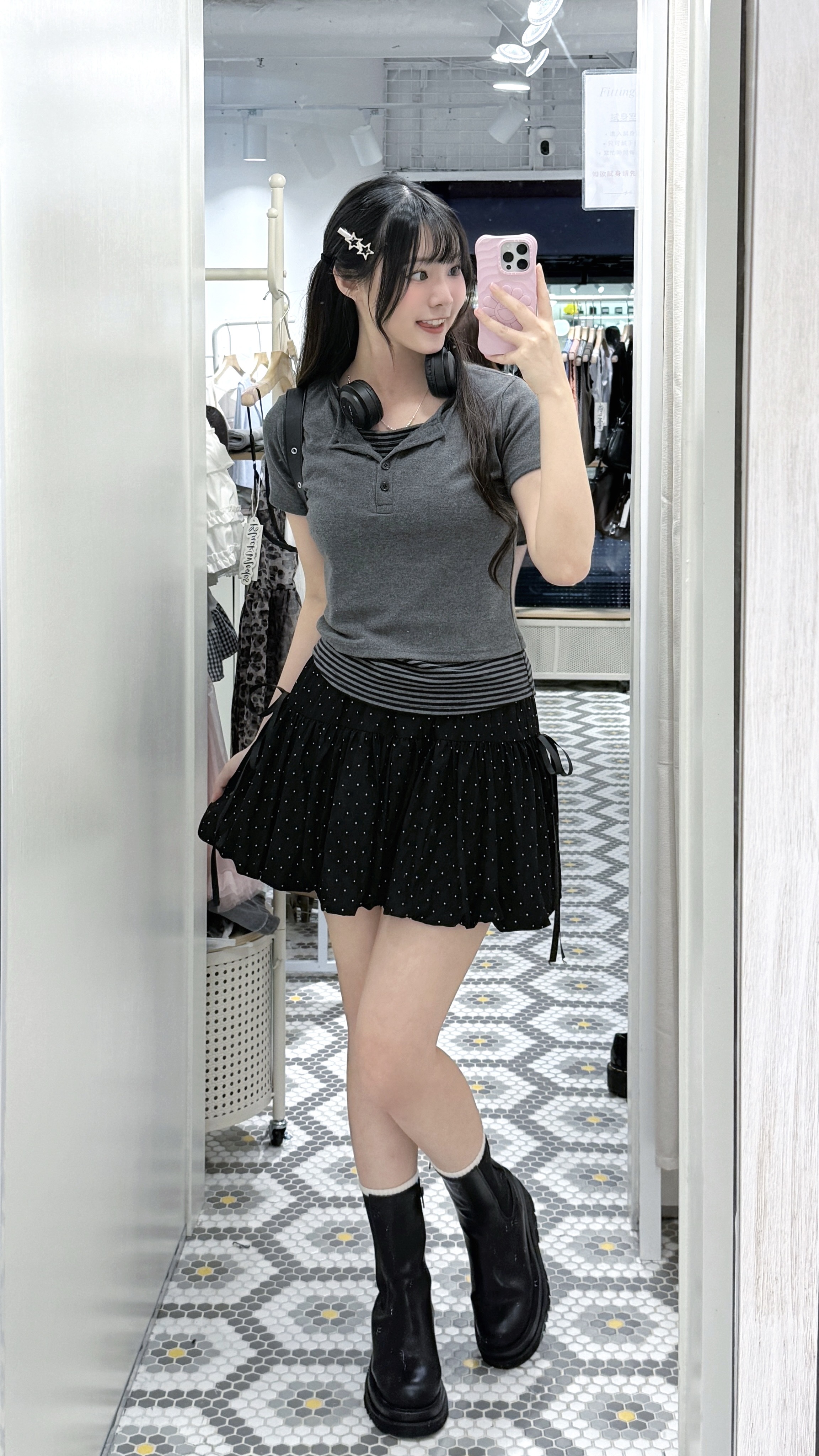 T1401｜韓系橫間紋鈕扣亨利領短袖假兩件‧₊ 𝄞₊˚⊹