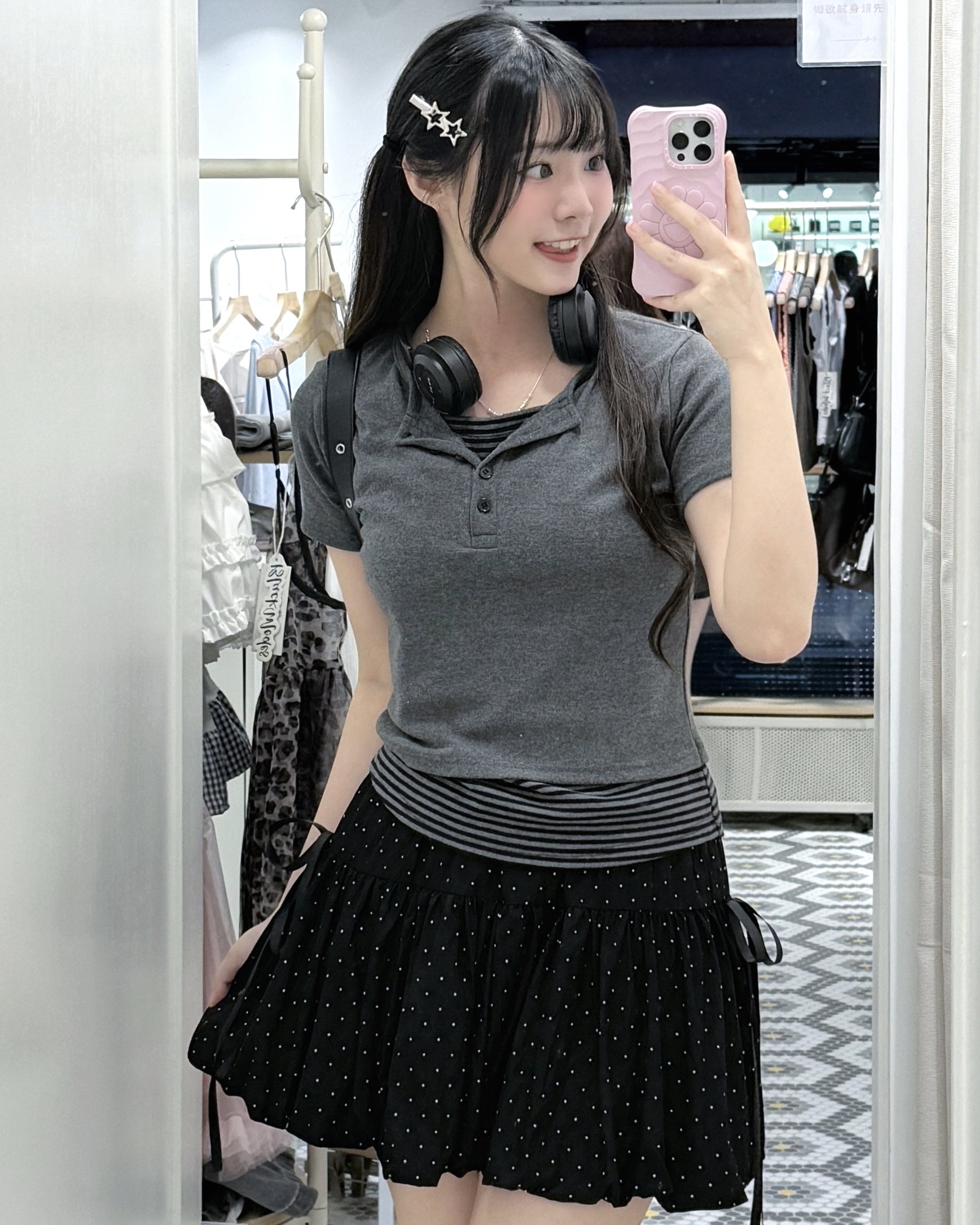 T1401｜韓系橫間紋鈕扣亨利領短袖假兩件‧₊ 𝄞₊˚⊹