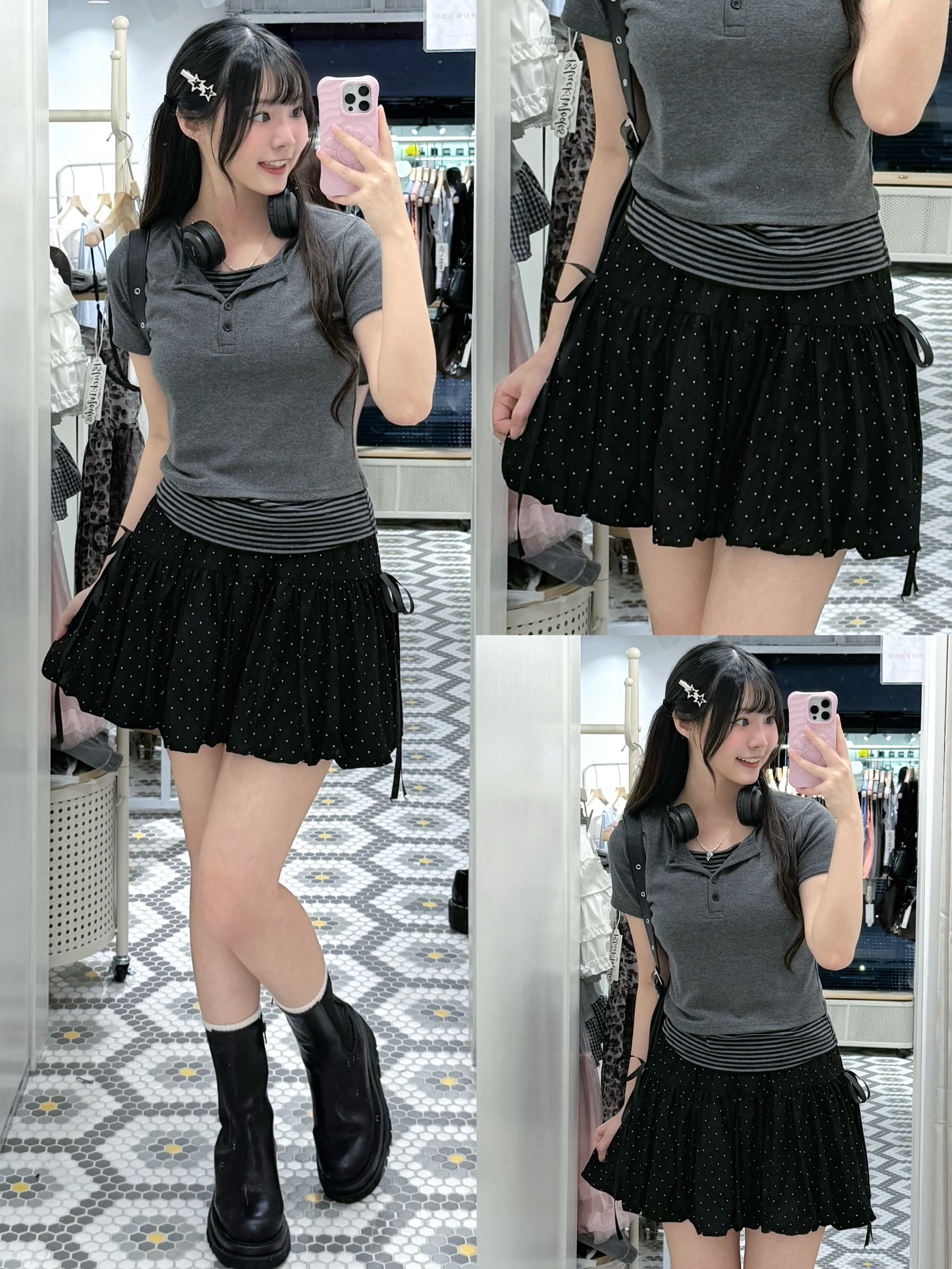 D0541｜韓系少女感波點蝴蝶結泡泡短裙🫧⋆｡˚