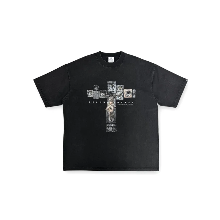 2nd Closet "JESUS LOVES TECHNO" Washed T-shirt - Black | TE12