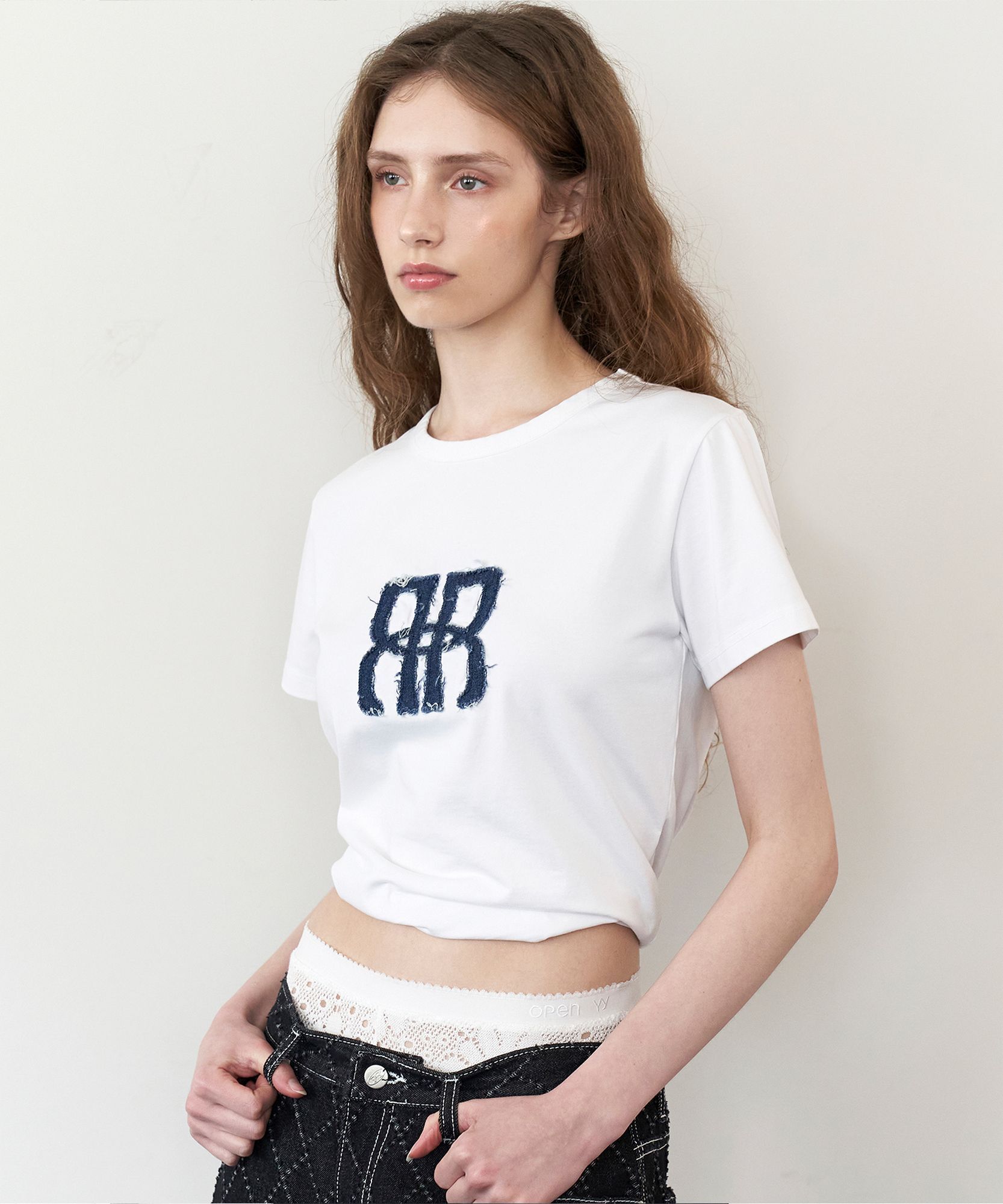 락케이크 方形 Logo 丹寧上衣 RC24TP10730WH