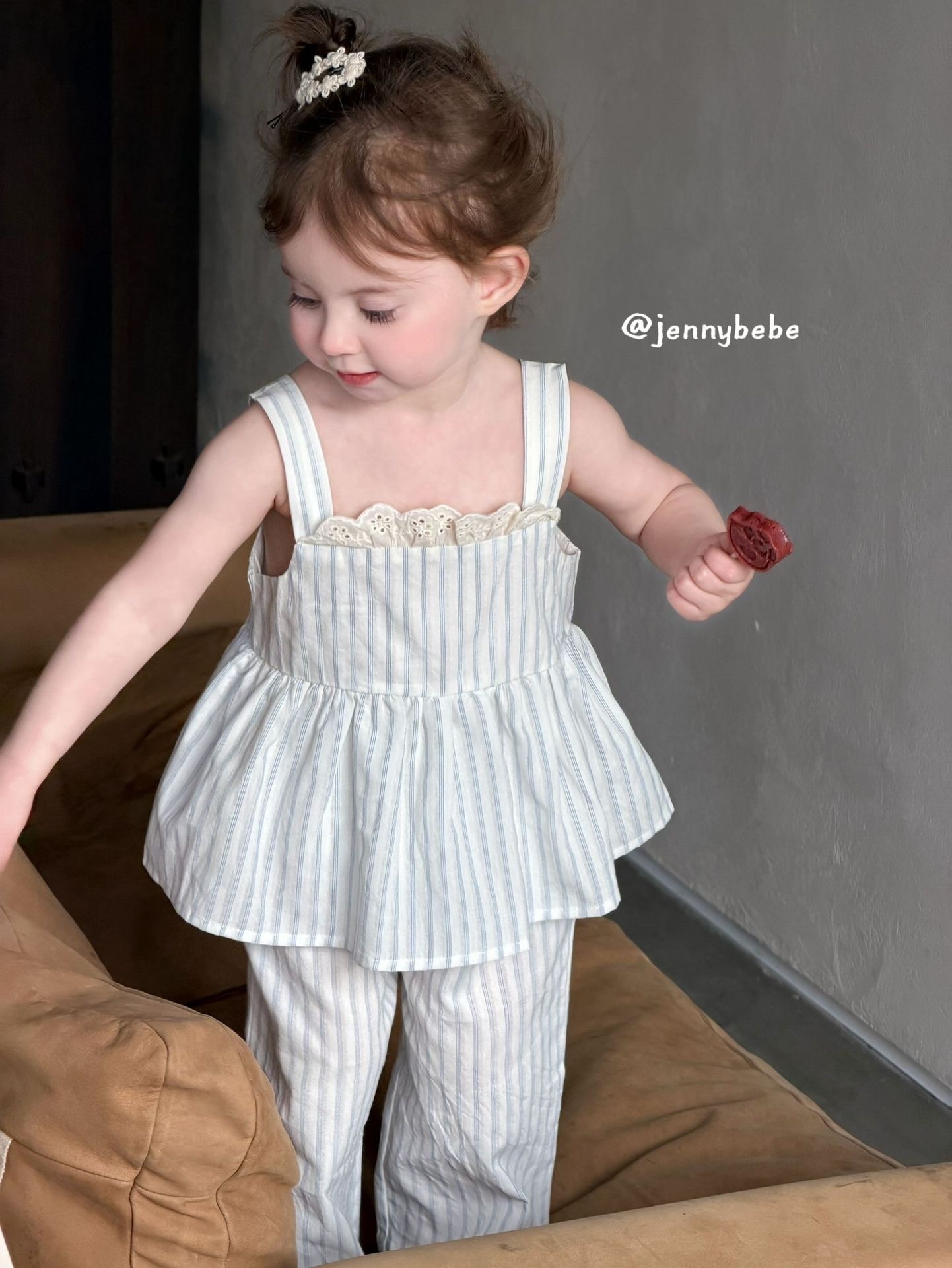 Jenny_條紋吊帶寬褲套裝