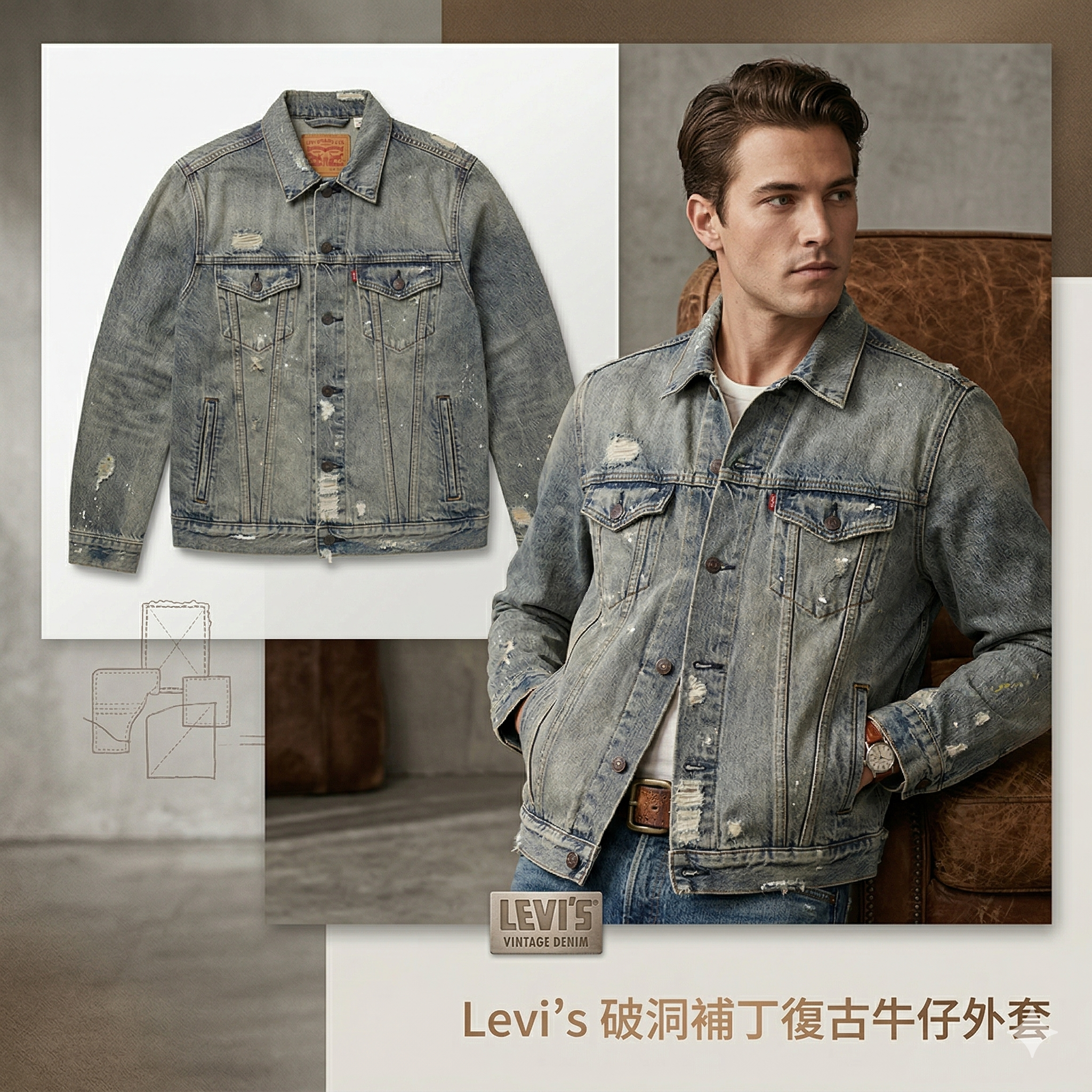 【預購】H040856 Levi's 破洞補丁復古牛仔外套