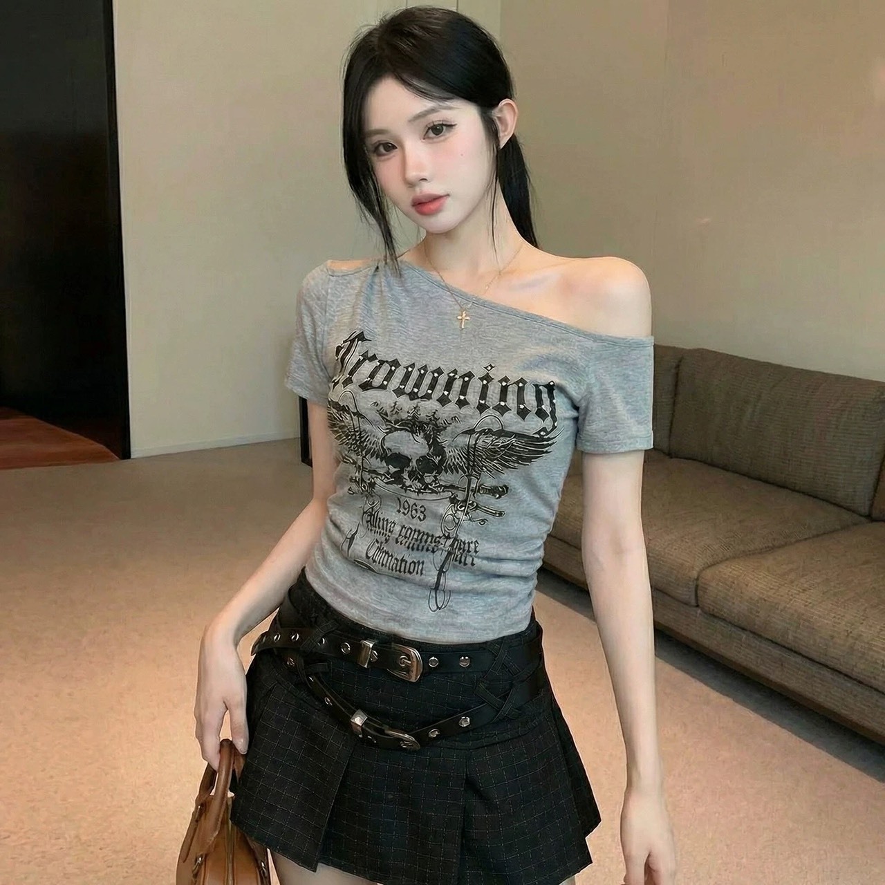 (GOAL) 美式骷髏頭斜肩短版上衣 堡 8519