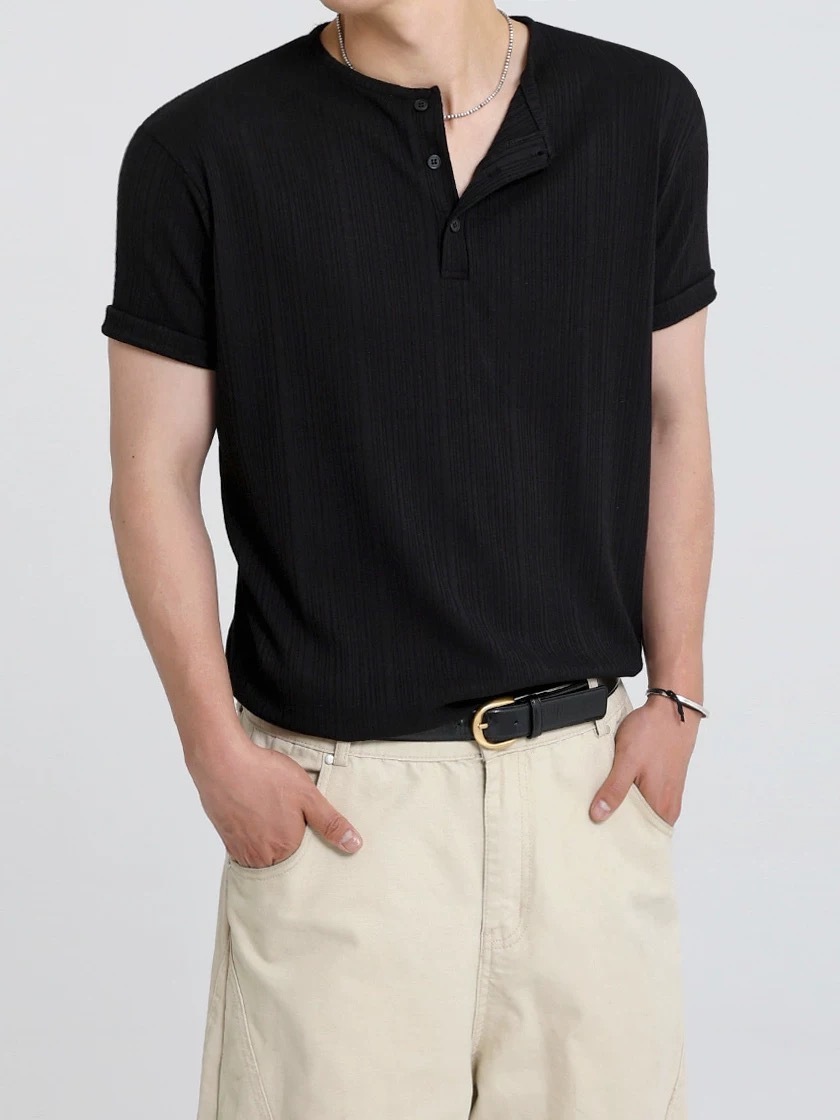 SIMPLEACTION 老錢風亨利領短袖上衣