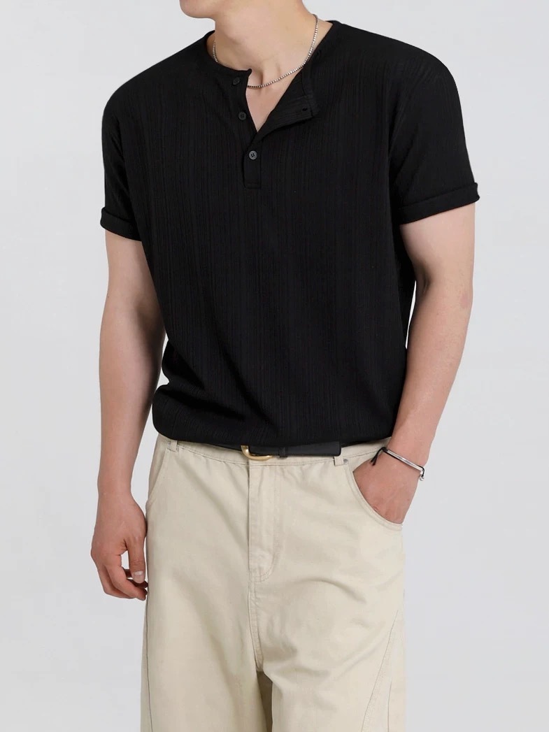 SIMPLEACTION 老錢風亨利領短袖上衣