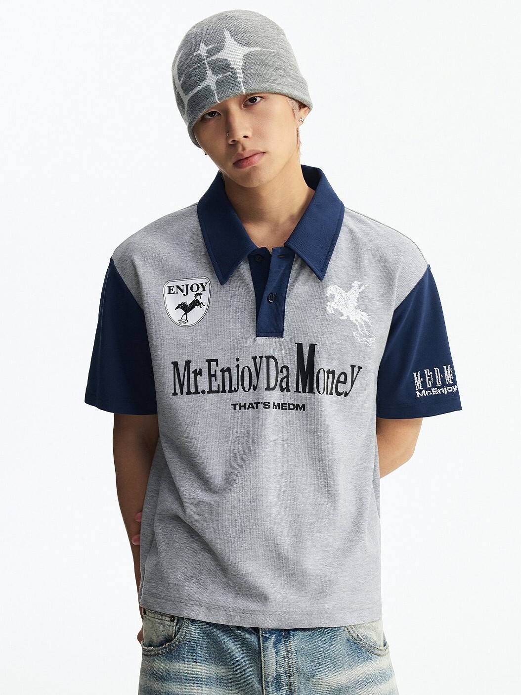 MEDM 撞色拼接 野馬踏星刺繡 POLO衫 短袖T