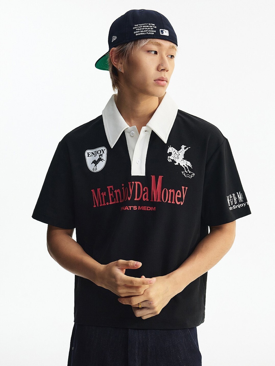 MEDM 撞色拼接 野馬踏星刺繡 POLO衫 短袖T