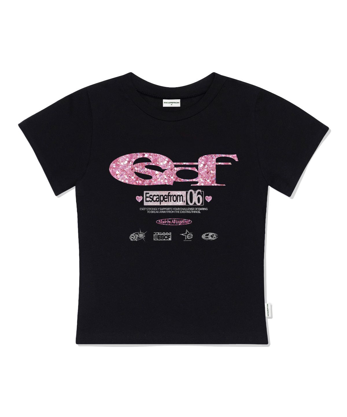 ESCAPEFROM 亮片 ESCF LOGO 拼貼印花修身短袖T恤 黑色 E261OTS