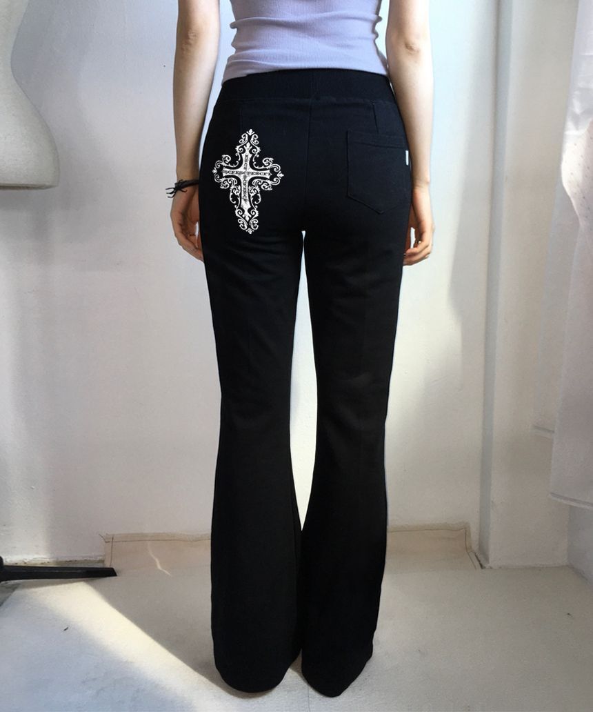 ESCAPEFROM 大版復古十字印花喇叭運動褲 黑色 E261BSP