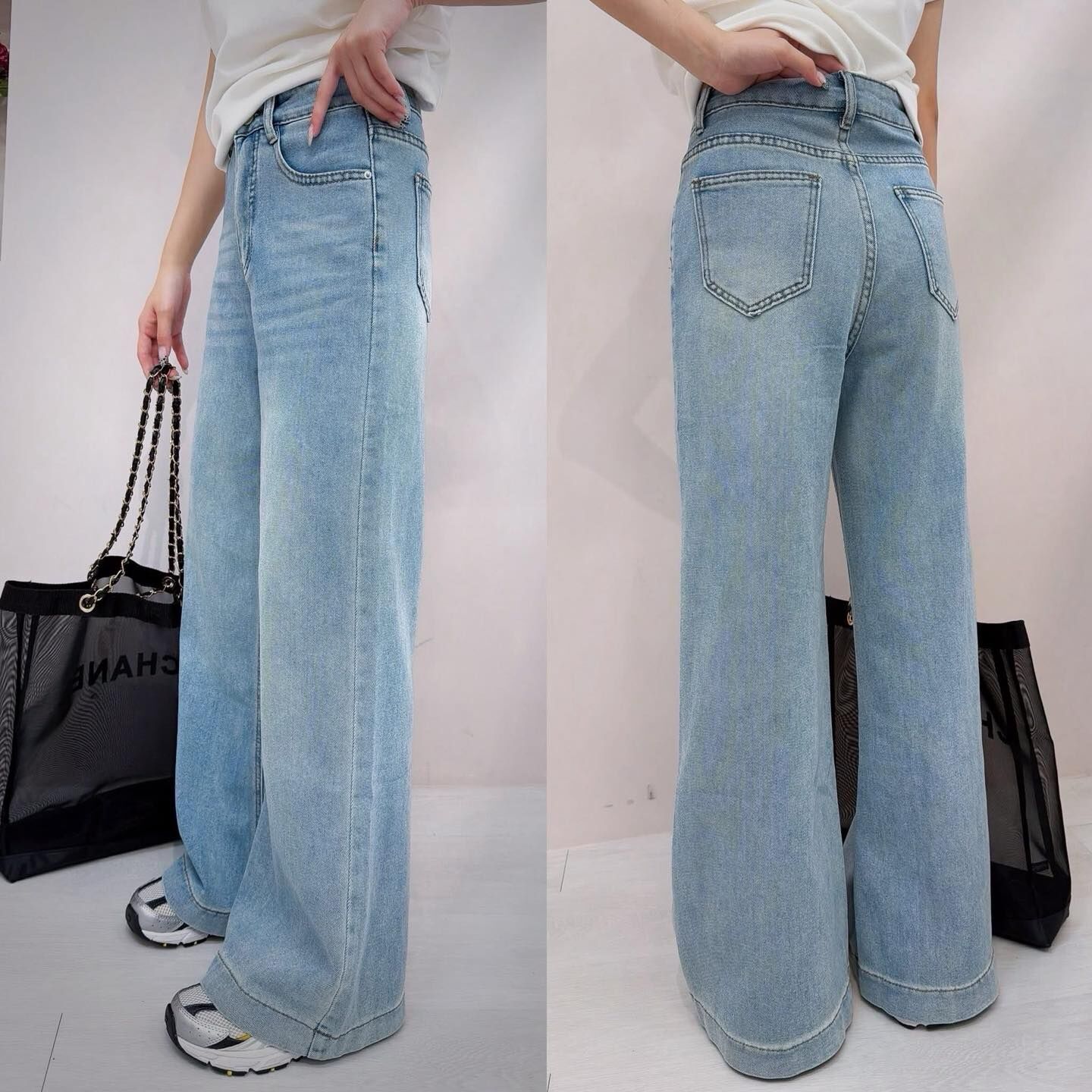 【長腿姐姐比備雙扣剪裁牛仔寬褲】（現貨）