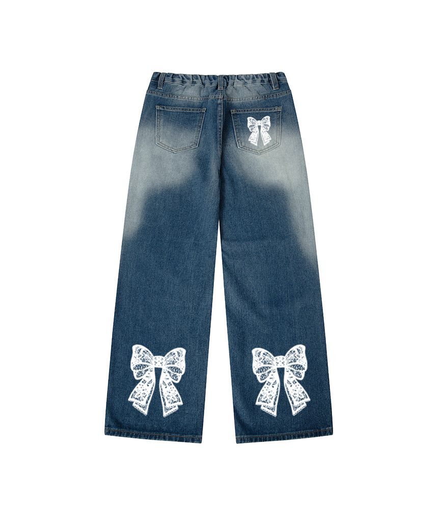 ESCAPEFROM 蕾絲緞帶印花鬆緊腰水洗丹寧褲 E261DP