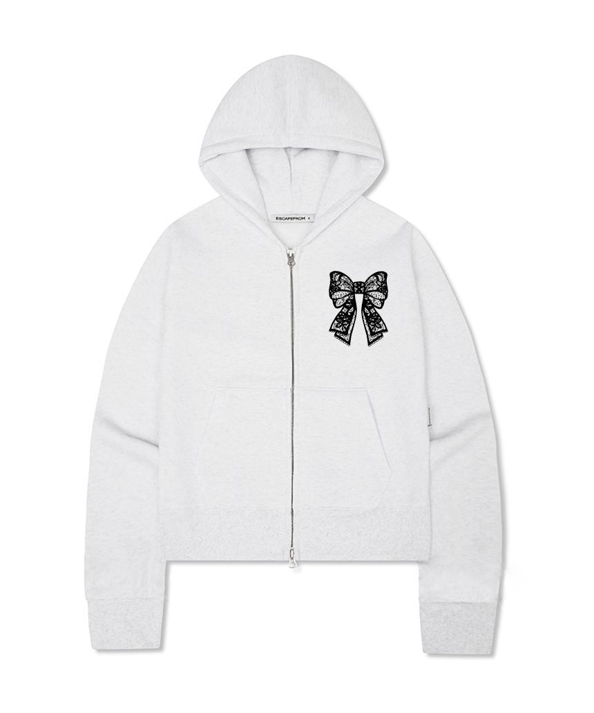 ESCAPEFROM 蕾絲緞帶印花刷毛連帽拉鍊外套 E252SHZ