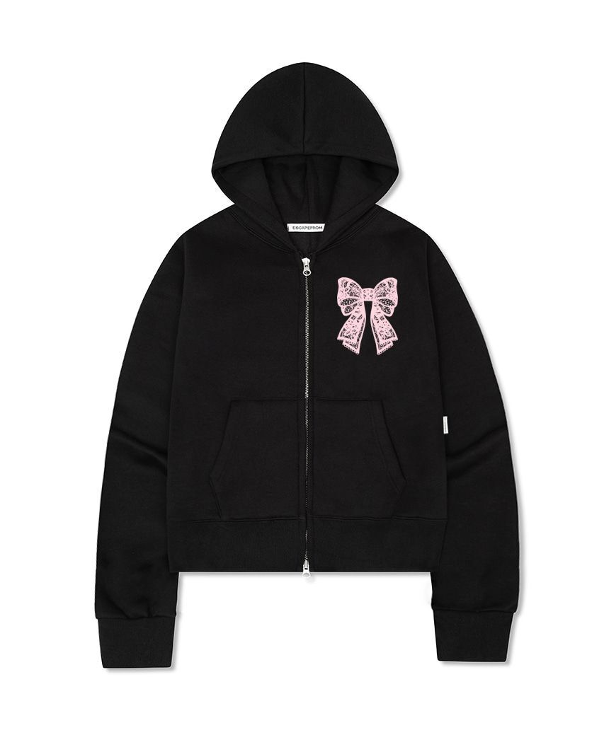 ESCAPEFROM 蕾絲緞帶印花刷毛連帽拉鍊外套 E252SHZ