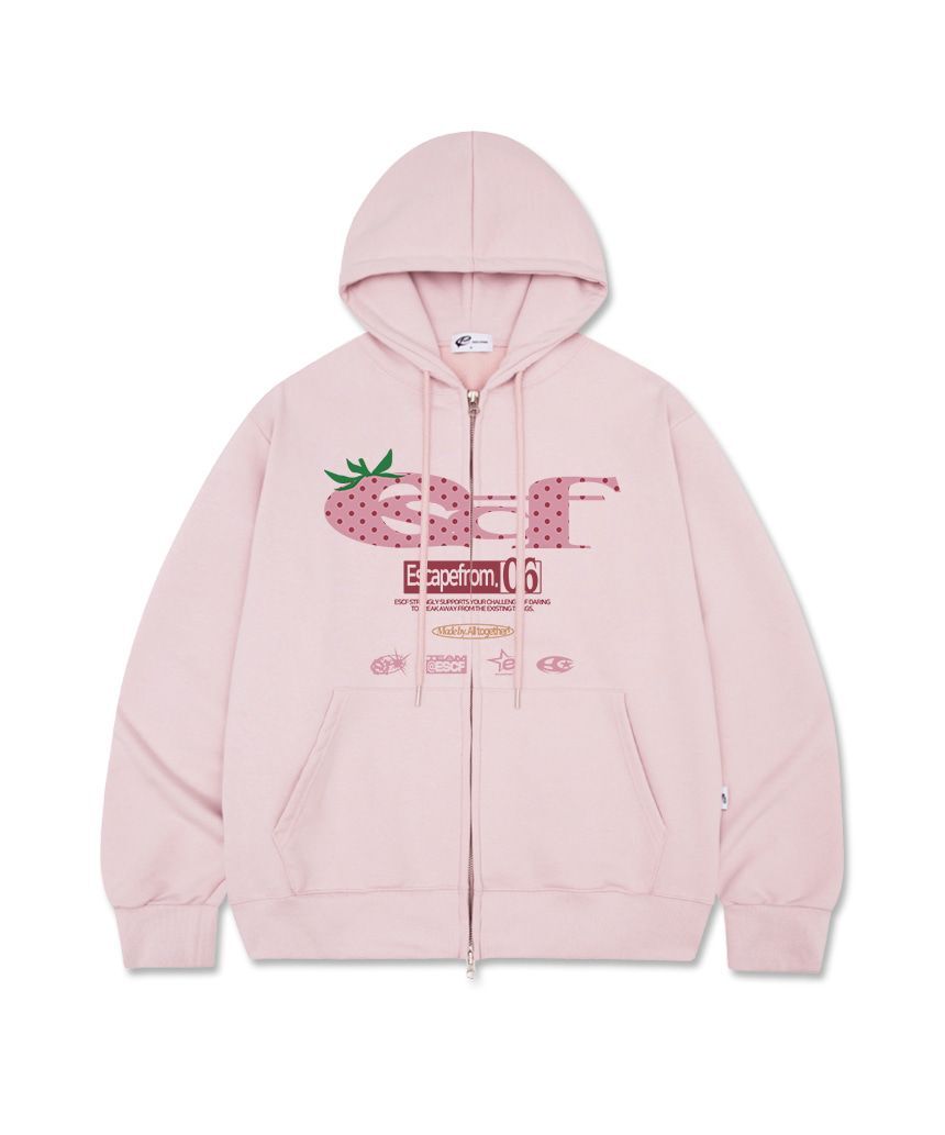 ESCAPEFROM 草莓圓點 ESCF 拼貼印花雙向連帽拉鍊外套 粉紅 E261HZ
