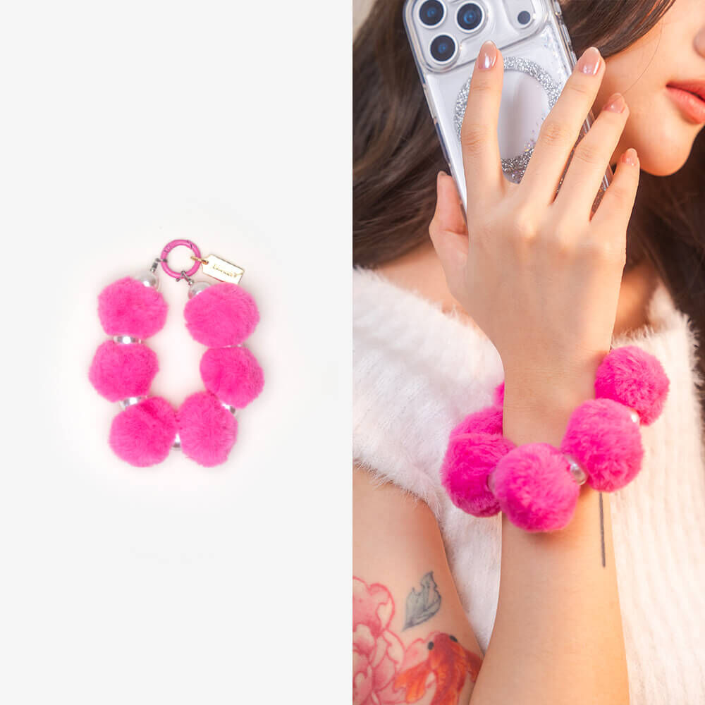 可愛毛毛球珍珠 (桃紅) 手腕繩 短掛繩 手機掛繩 毛球 手機提鍊