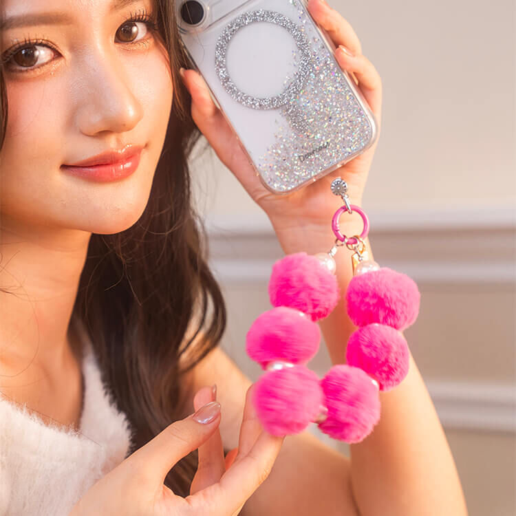可愛毛毛球珍珠 (桃紅) 手腕繩 短掛繩 手機掛繩 毛球 手機提鍊