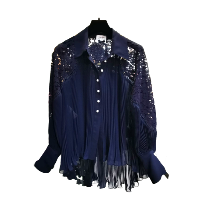 1EA0408-090 [EDWARD ACHOUR] Intricate Lace-Sleeve Pleated Blouse Navy #100615/1027 (EU)