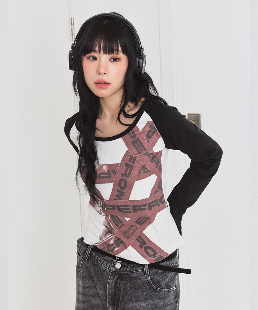 ESCAPEFROM 織帶印花修身 U 領長袖上衣 E261ULS