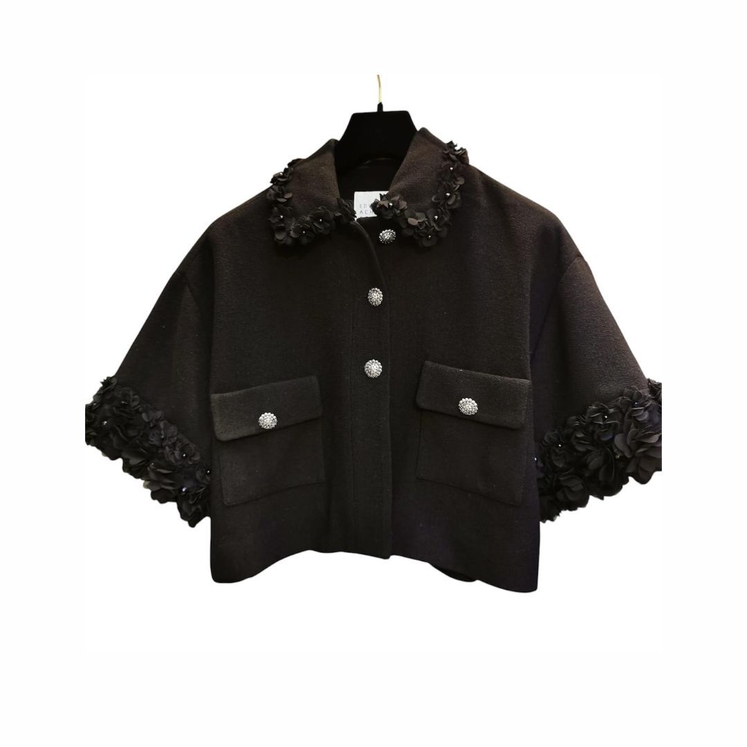 1EA0408-028 [EDWARD ACHOUR] 3D Floral Applique Boucle Jacket Black #100137/1007 (EU)