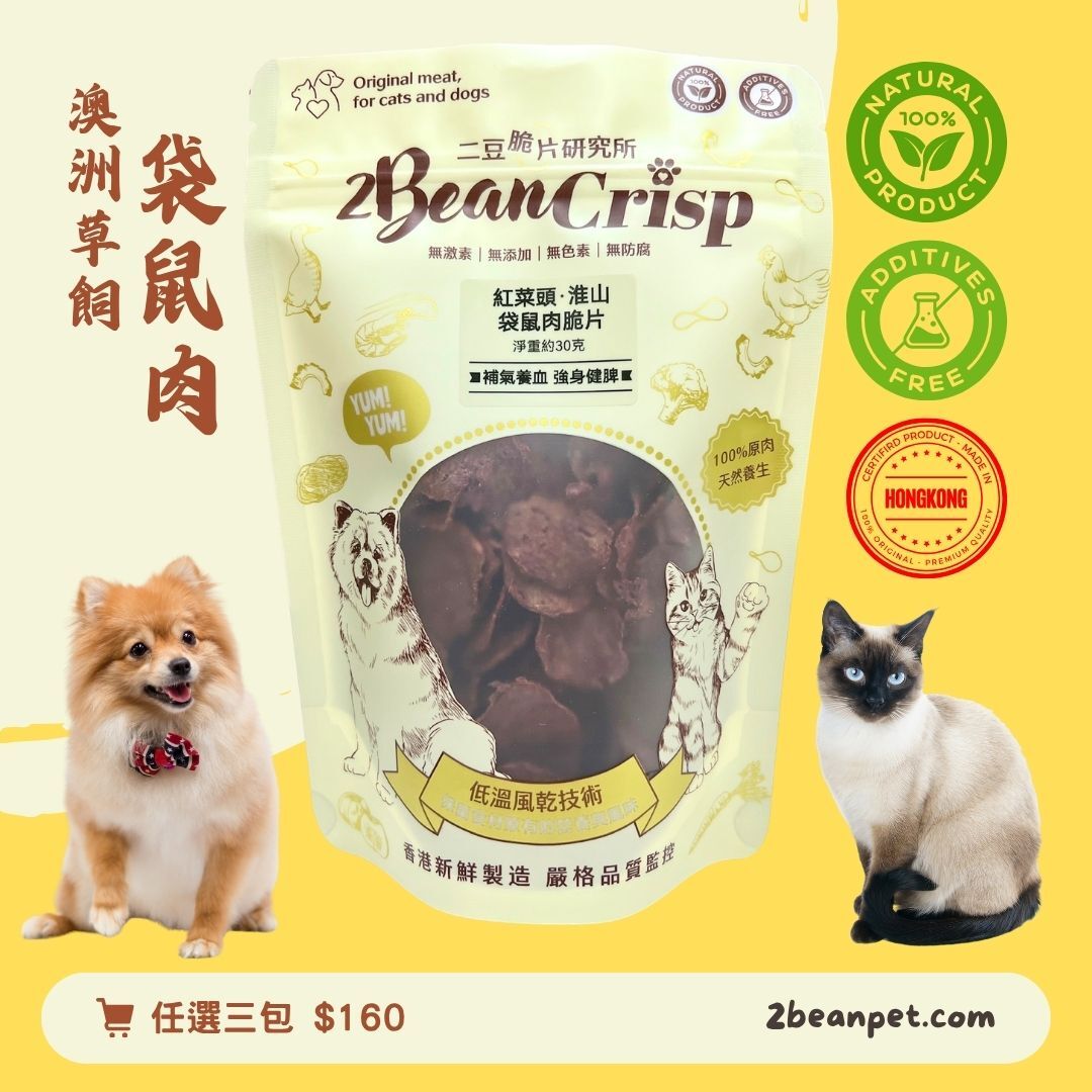2BeanPet 紅菜頭淮山袋鼠脆片｜補氣養血 強身健脾｜香港製造 天然風乾 狗零食 貓零食｜全天然無添加