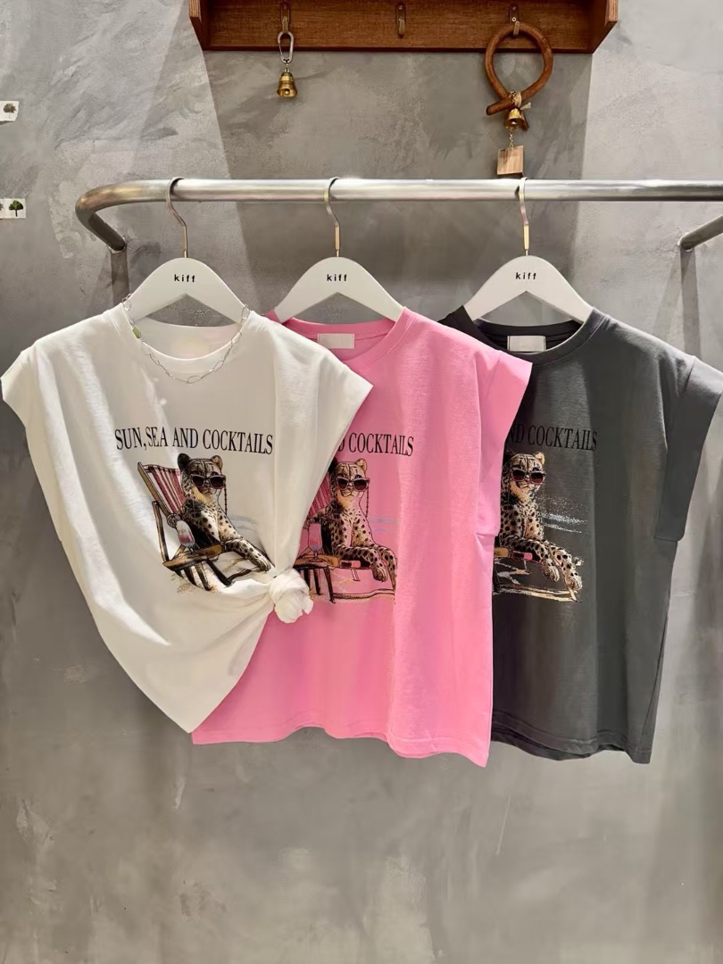 夏日度假風短袖★Sun, Sea and Cocktails豹紋印花棉T