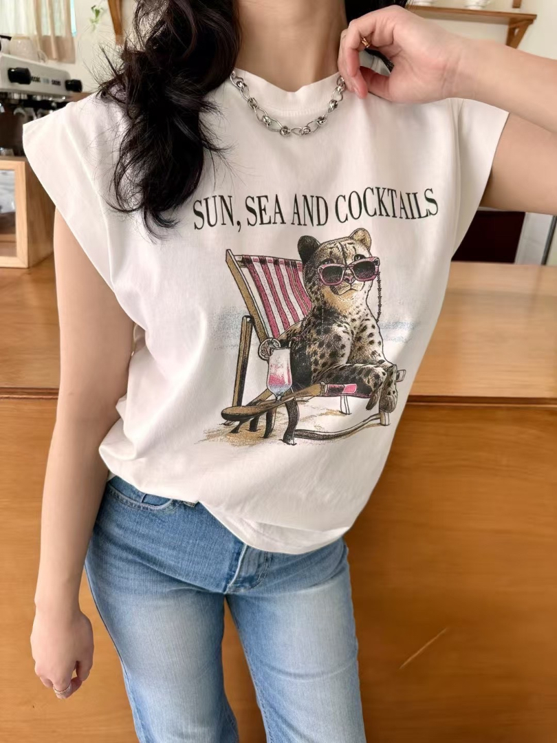 夏日度假風短袖★Sun, Sea and Cocktails豹紋印花棉T